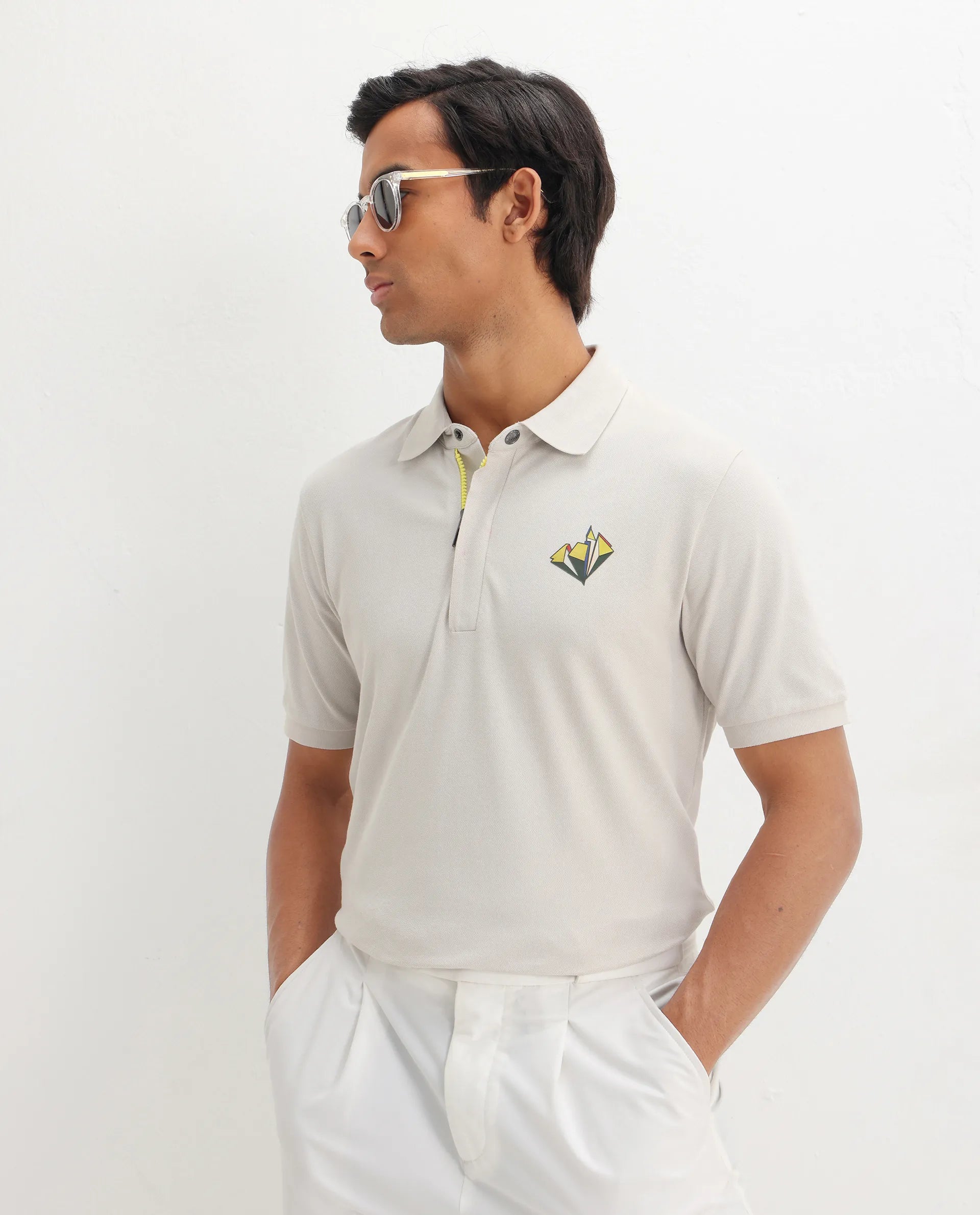 Rare Rabbit Men's Palmer Beige Cotton Plain Regular Fit Half Sleeve Polo