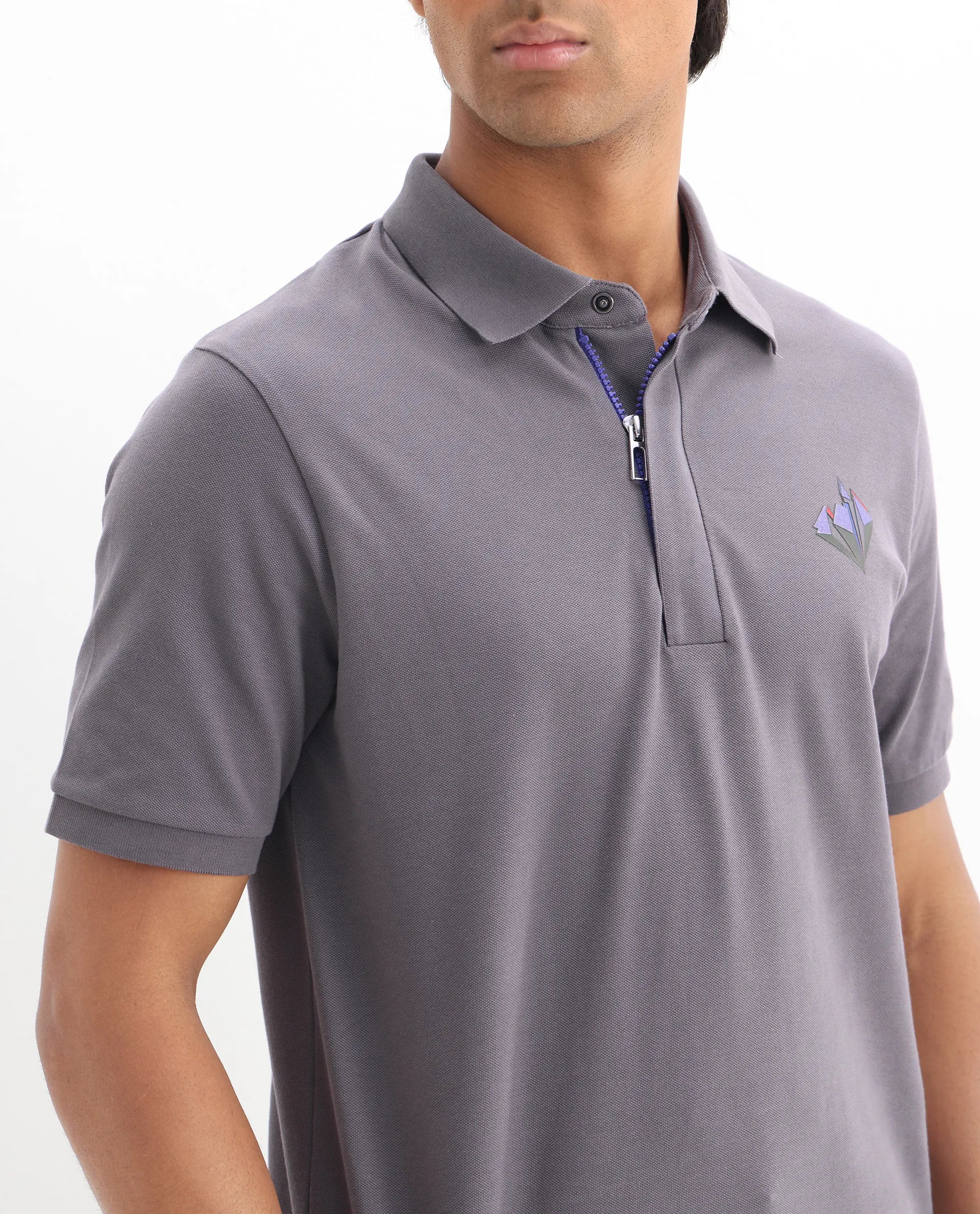 Rare Rabbit Men's Palmer Dusky Grey Cotton Plain Regular Fit Half Sleeve Polo