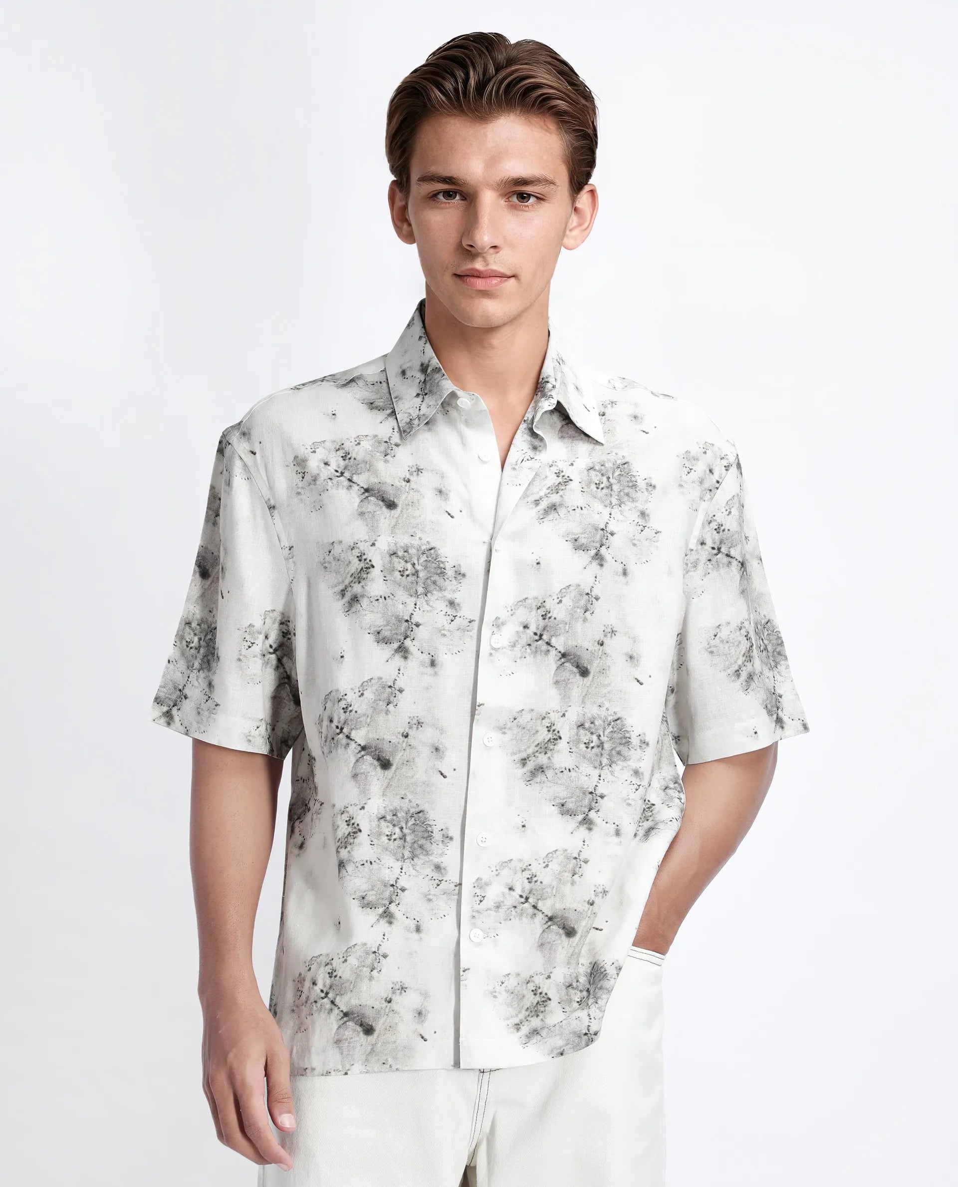 Rare Rabbit Men's Palmz White Cotton Floral Print Regular Fit Half Sleeve Collared Shirt