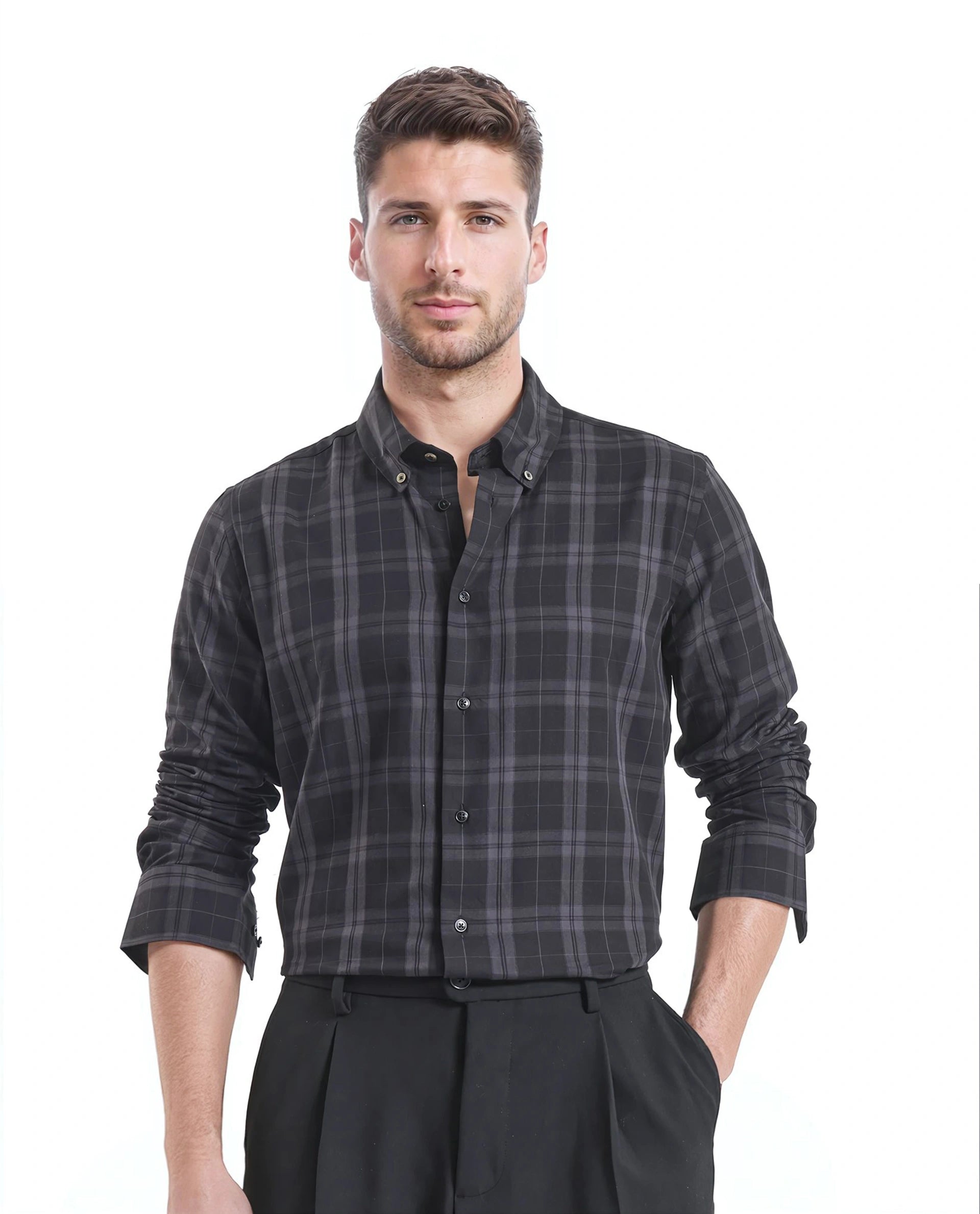 Rare Rabbit Men's Pambi Dark Black Cotton Fabric Full Sleeve Collared Neck Checks Shirt