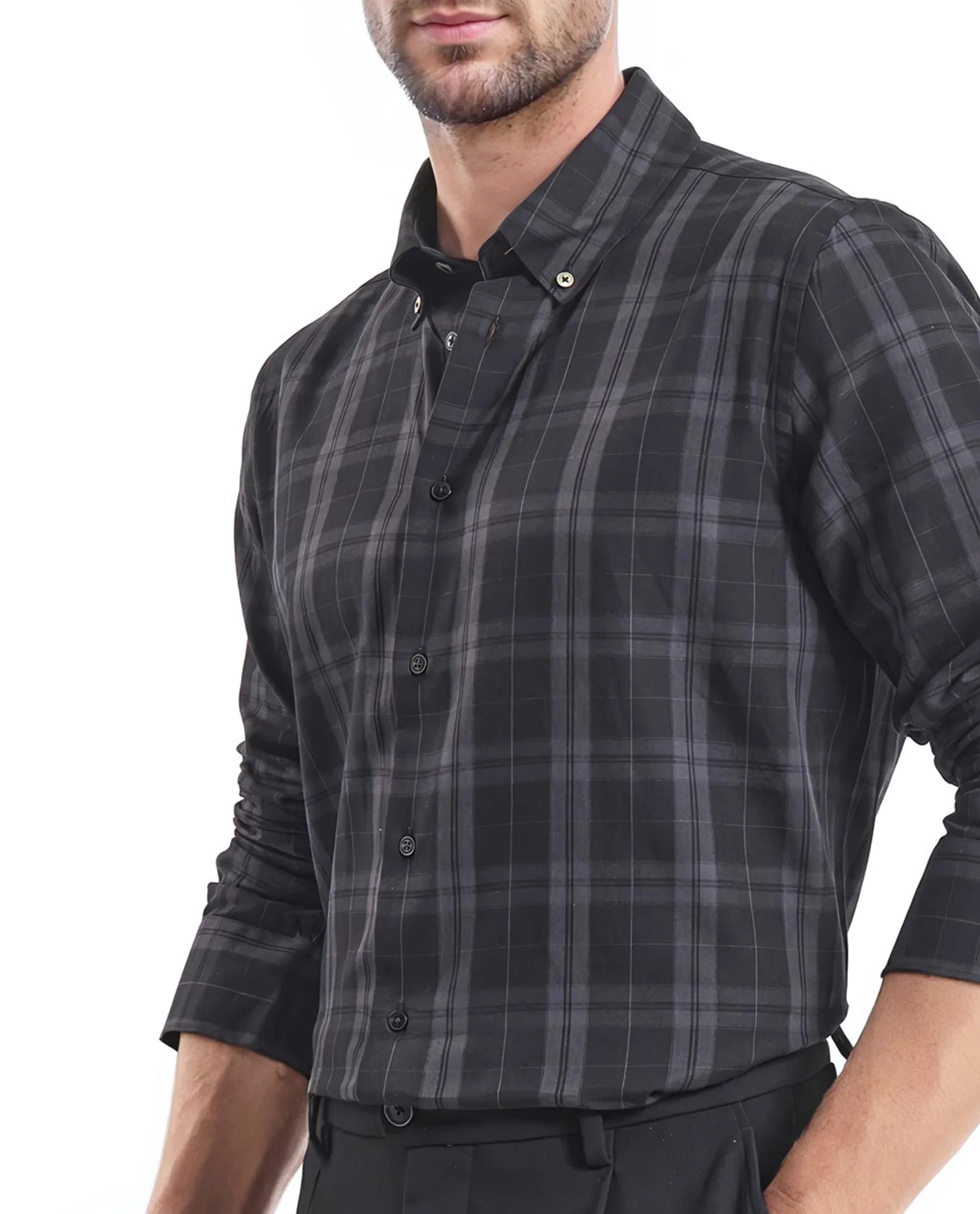 Rare Rabbit Men's Pambi Dark Black Cotton Fabric Full Sleeve Collared Neck Checks Shirt