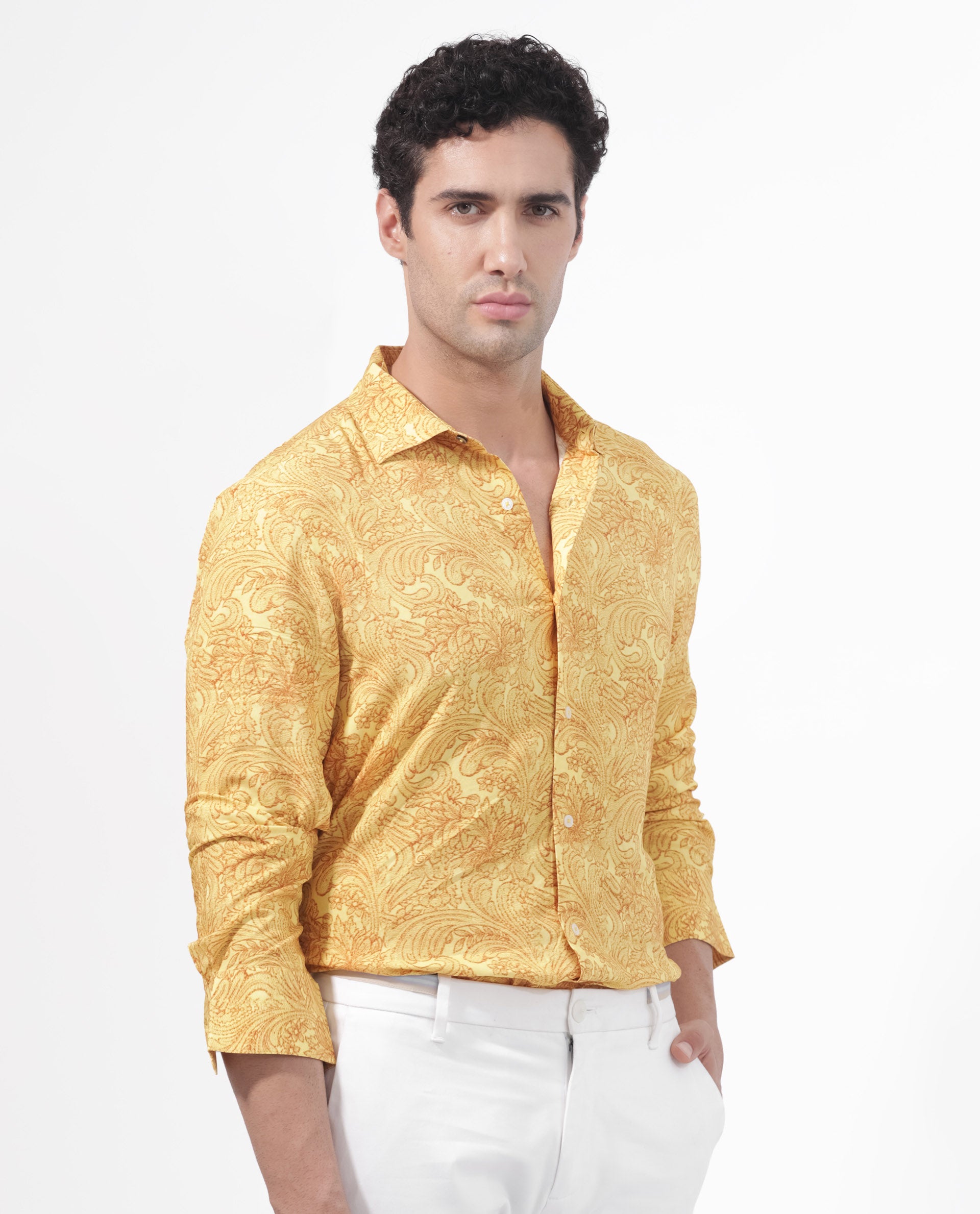 Rare Rabbit Men's Pamat Yellow Viscose Fabric Full Sleeves Paisley Print Shirt