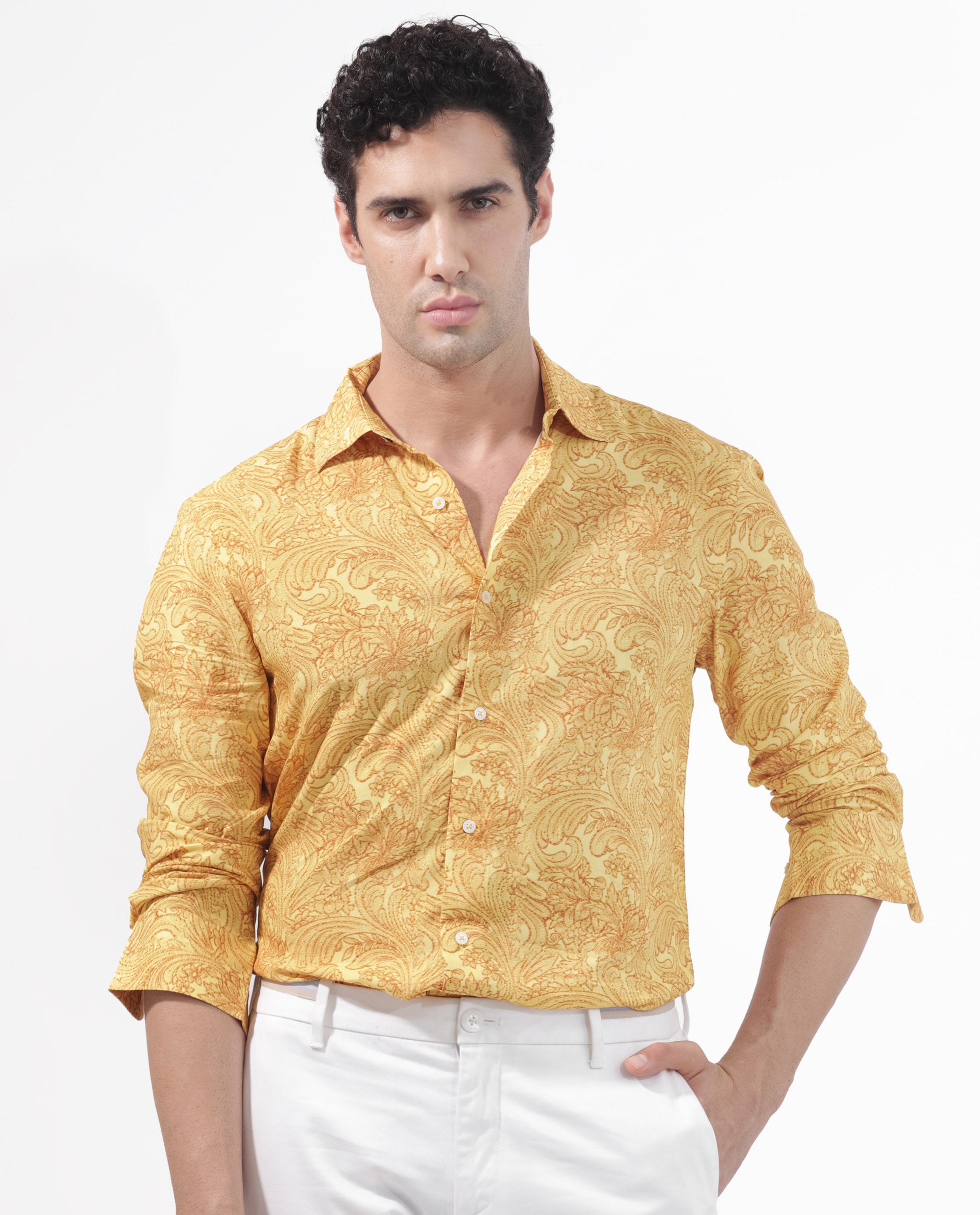 Rare Rabbit Men's Pamat Yellow Viscose Fabric Full Sleeves Paisley Print Shirt