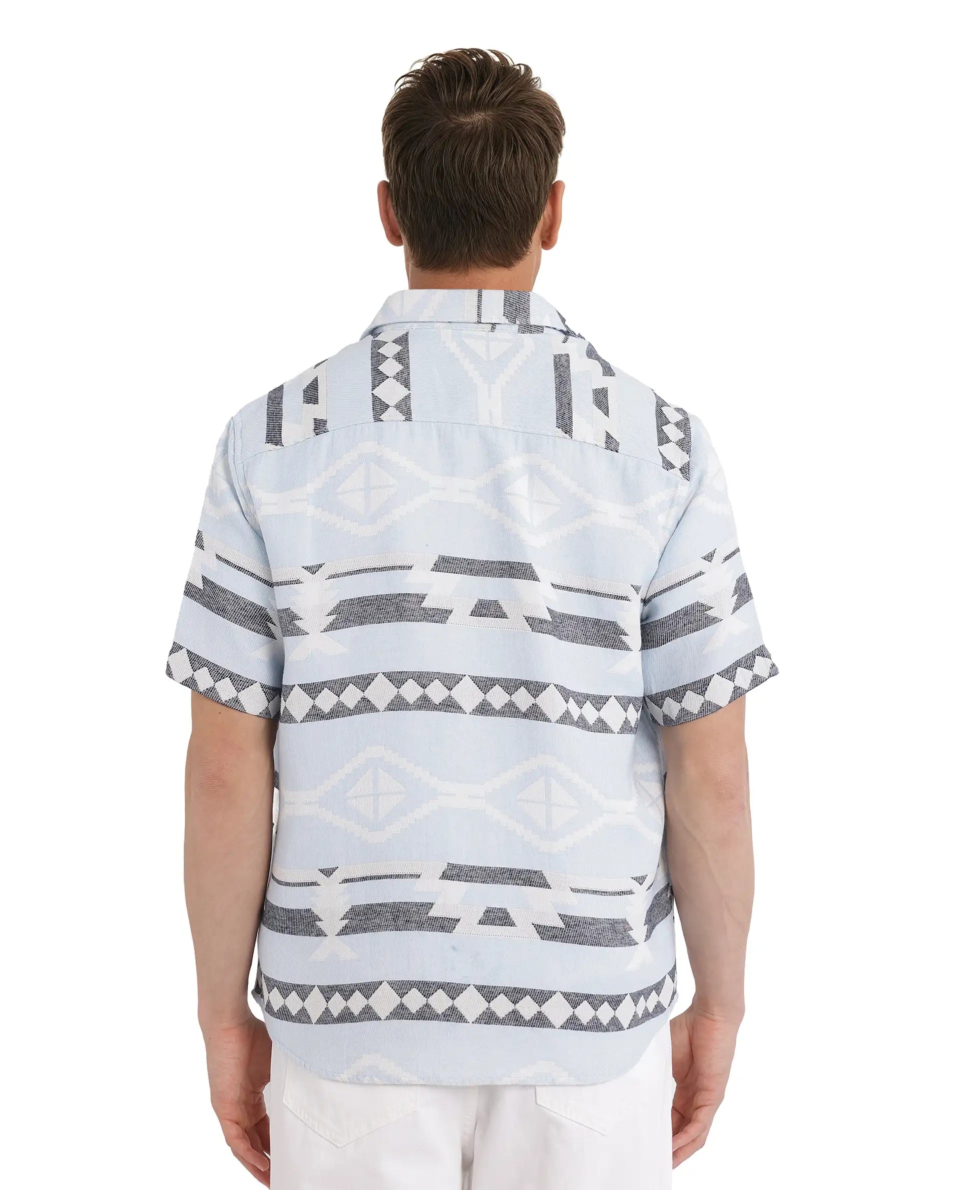 Rare Rabbit Men's Pamp Light Blue Cotton Fabric Short Sleeve Boxy Fit Regular Collared Button Closure Jacquard Shirt