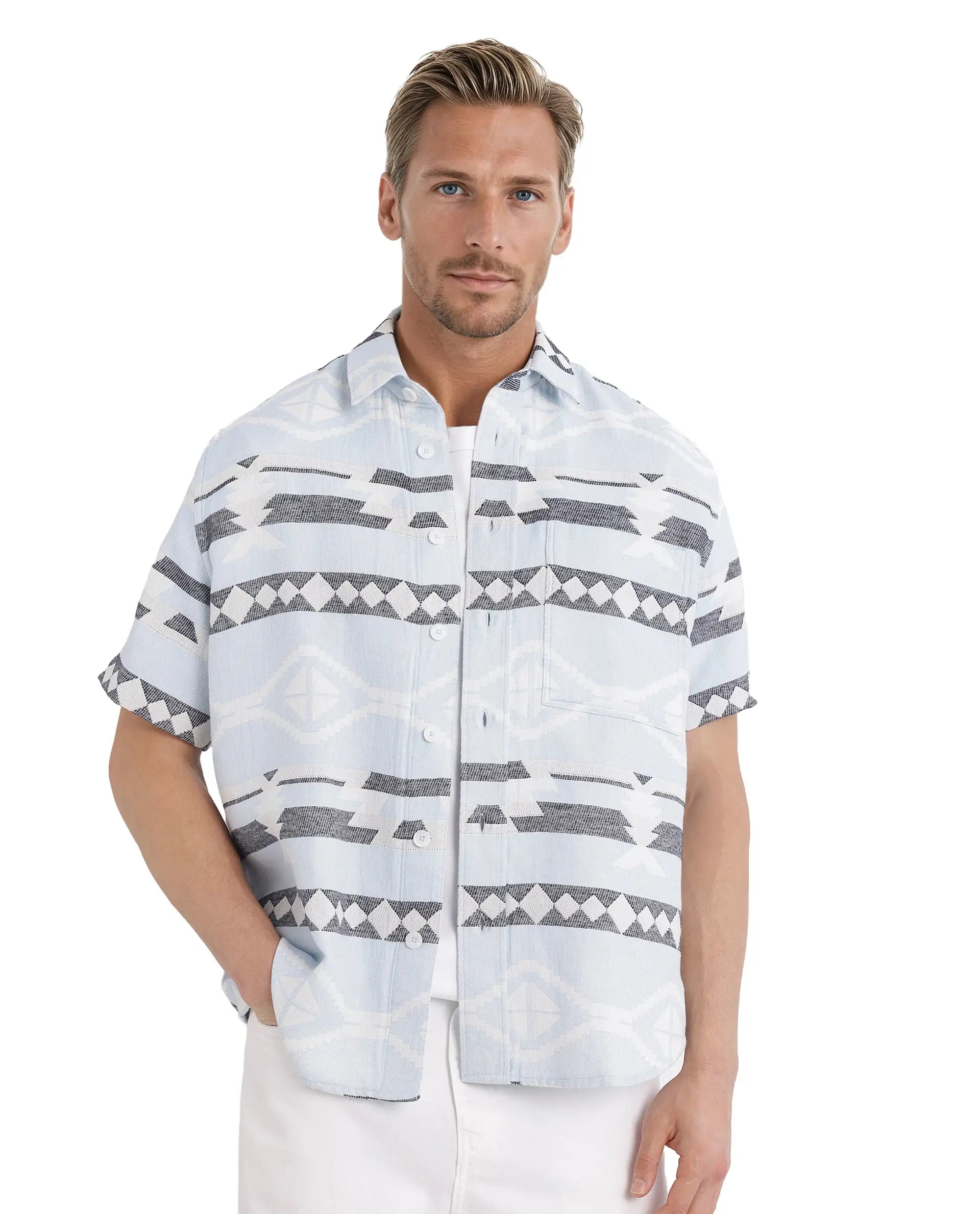 Rare Rabbit Men's Pamp Light Blue Cotton Fabric Short Sleeve Boxy Fit Regular Collared Button Closure Jacquard Shirt