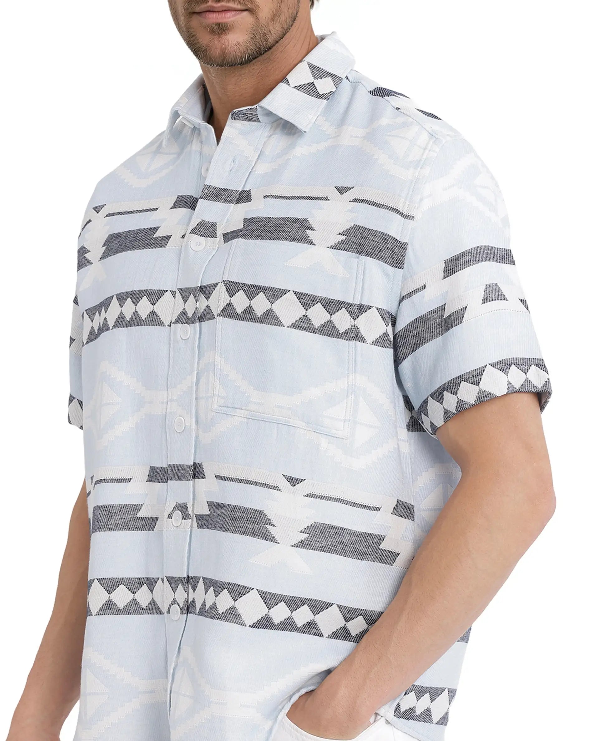 Rare Rabbit Men's Pamp Light Blue Cotton Fabric Short Sleeve Boxy Fit Regular Collared Button Closure Jacquard Shirt