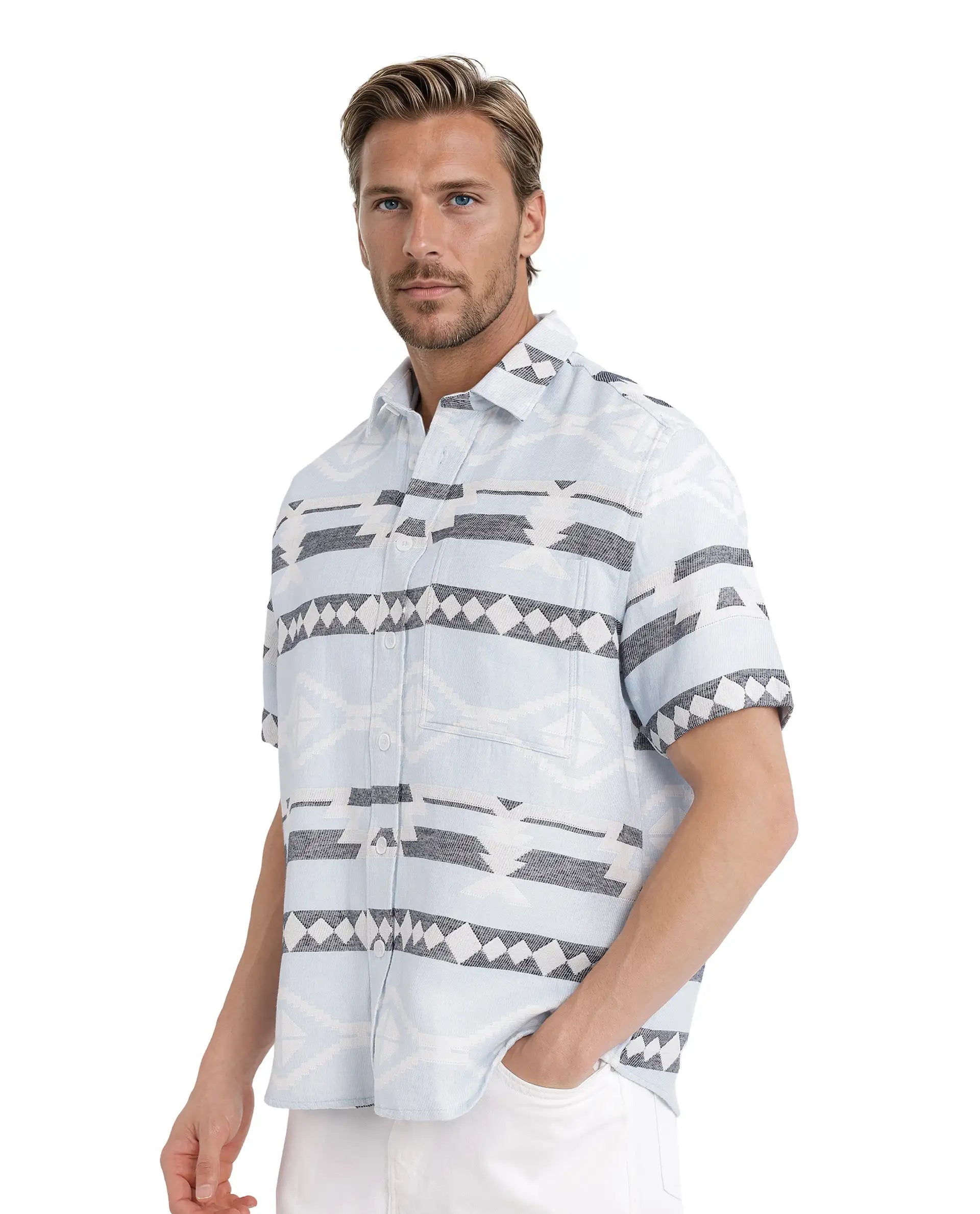 Rare Rabbit Men's Pamp Light Blue Cotton Fabric Short Sleeve Boxy Fit Regular Collared Button Closure Jacquard Shirt