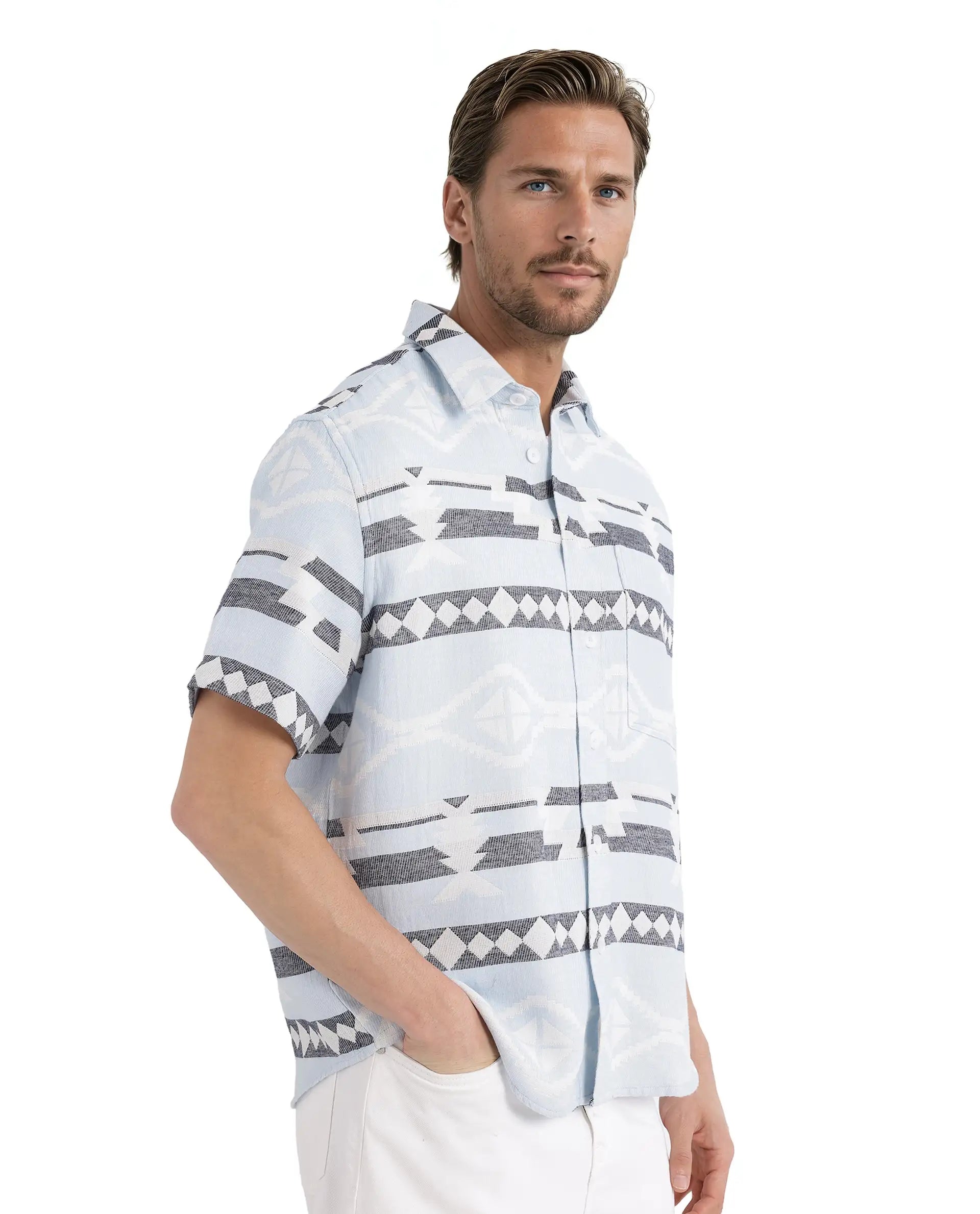 Rare Rabbit Men's Pamp Light Blue Cotton Fabric Short Sleeve Boxy Fit Regular Collared Button Closure Jacquard Shirt