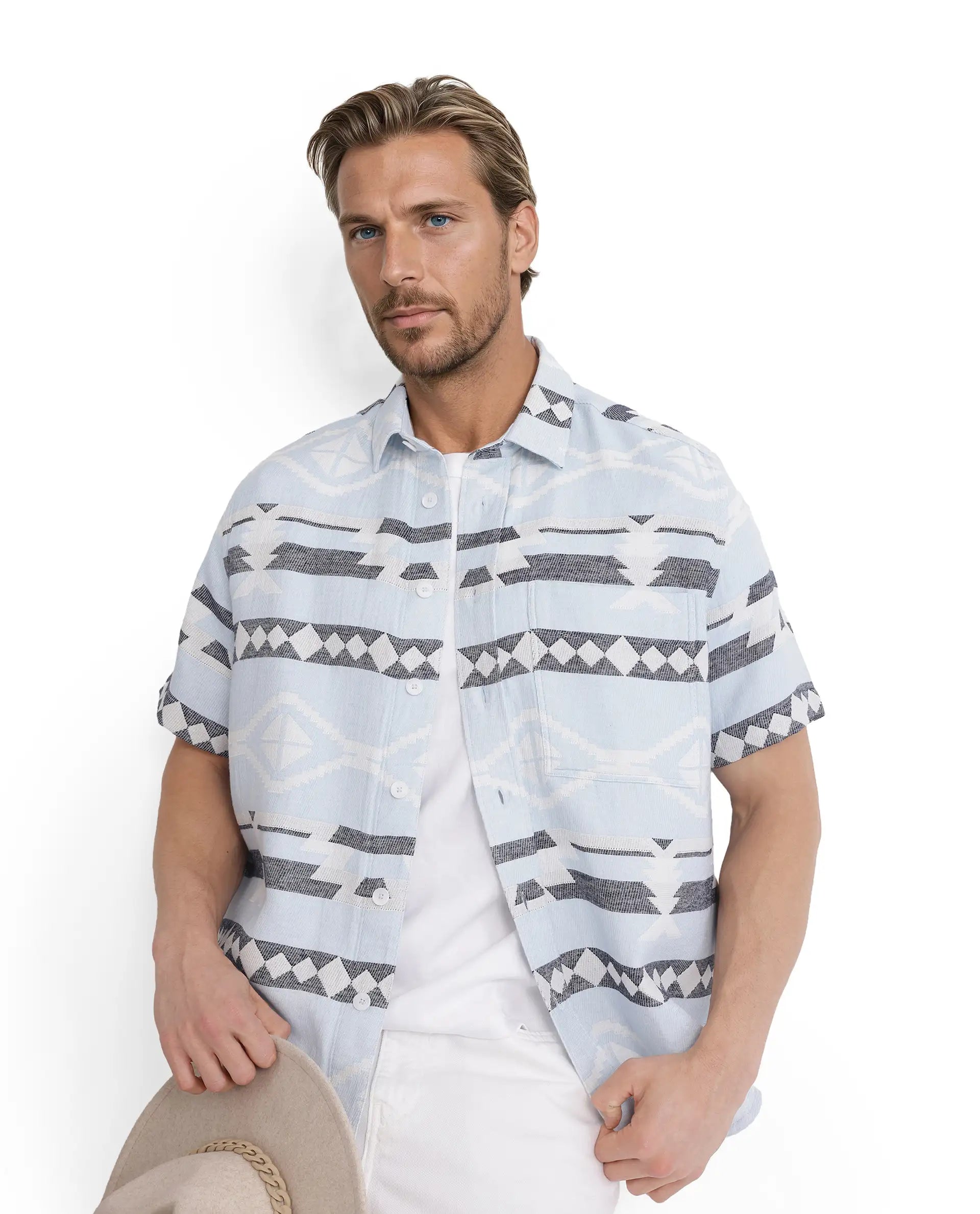 Rare Rabbit Men's Pamp Light Blue Cotton Fabric Short Sleeve Boxy Fit Regular Collared Button Closure Jacquard Shirt