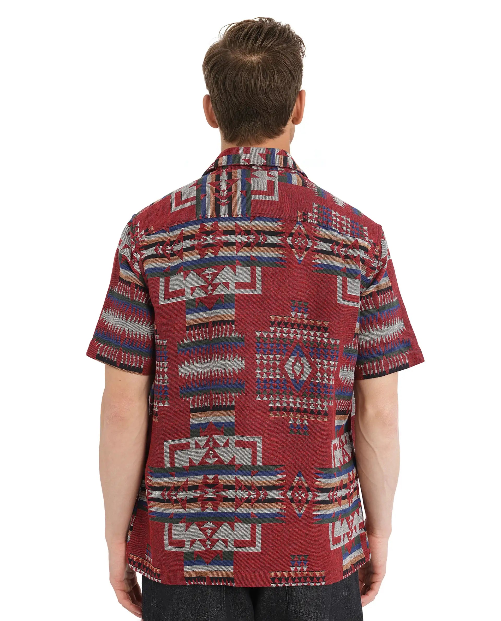 Rare Rabbit Men's Pamp Maroon Cotton Fabric Short Sleeve Boxy Fit Regular Collared Button Closure Jacquard Shirt