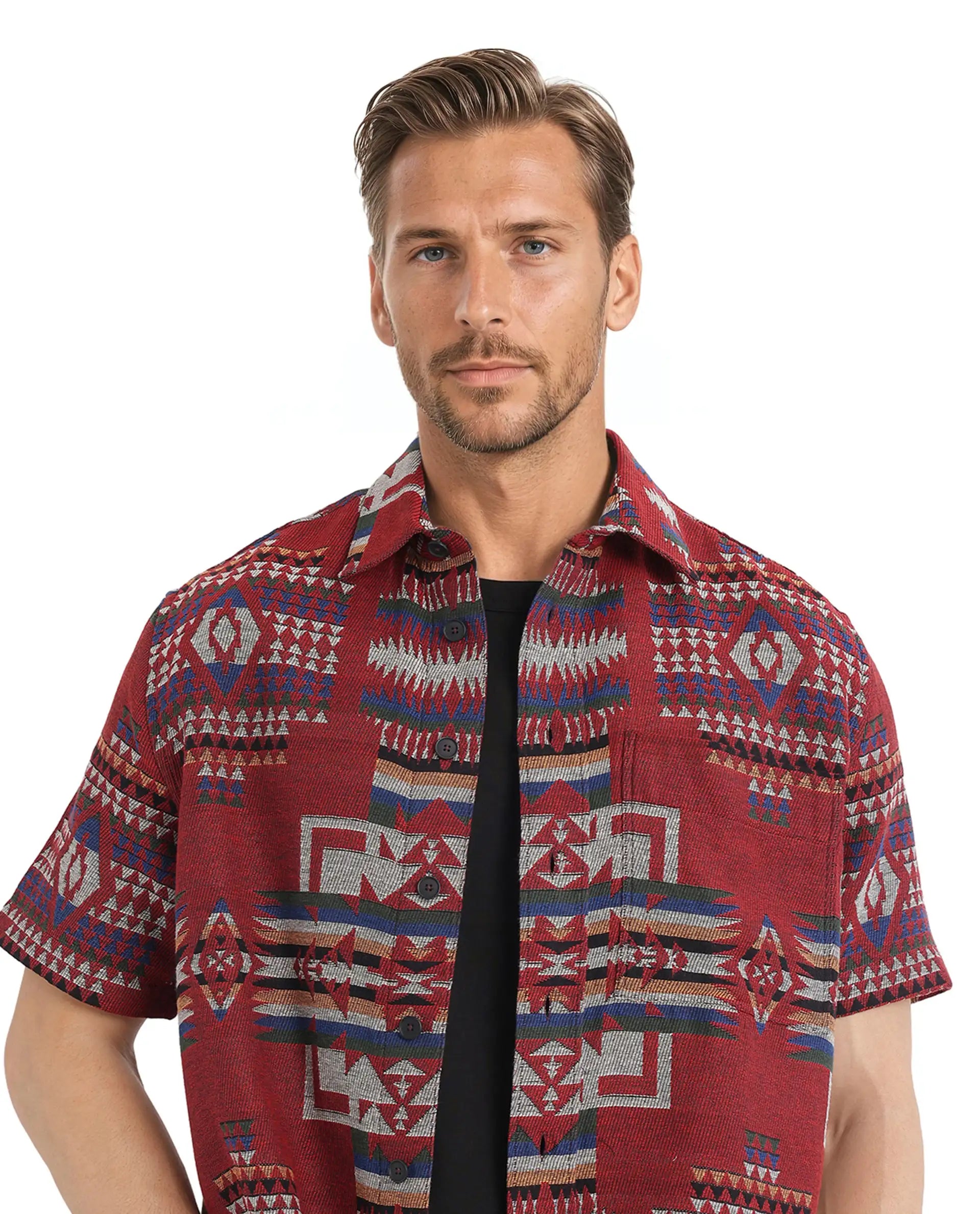 Rare Rabbit Men's Pamp Maroon Cotton Fabric Short Sleeve Boxy Fit Regular Collared Button Closure Jacquard Shirt