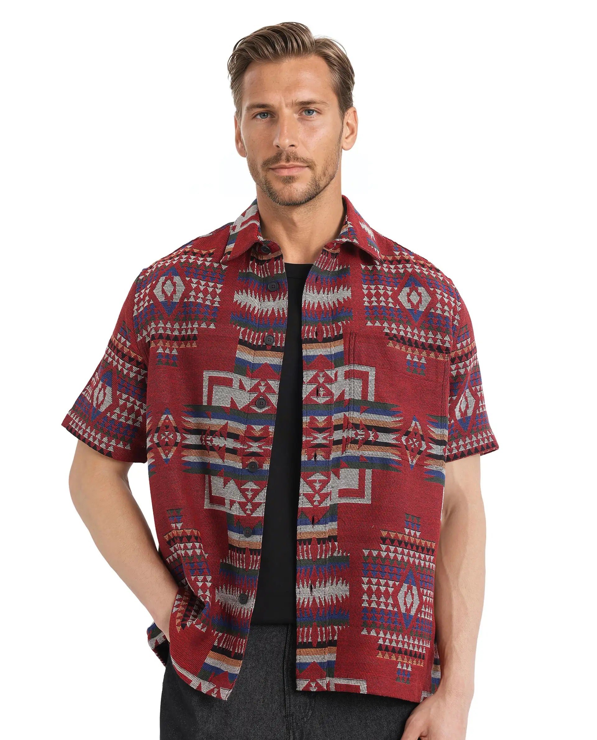 Rare Rabbit Men's Pamp Maroon Cotton Fabric Short Sleeve Boxy Fit Regular Collared Button Closure Jacquard Shirt