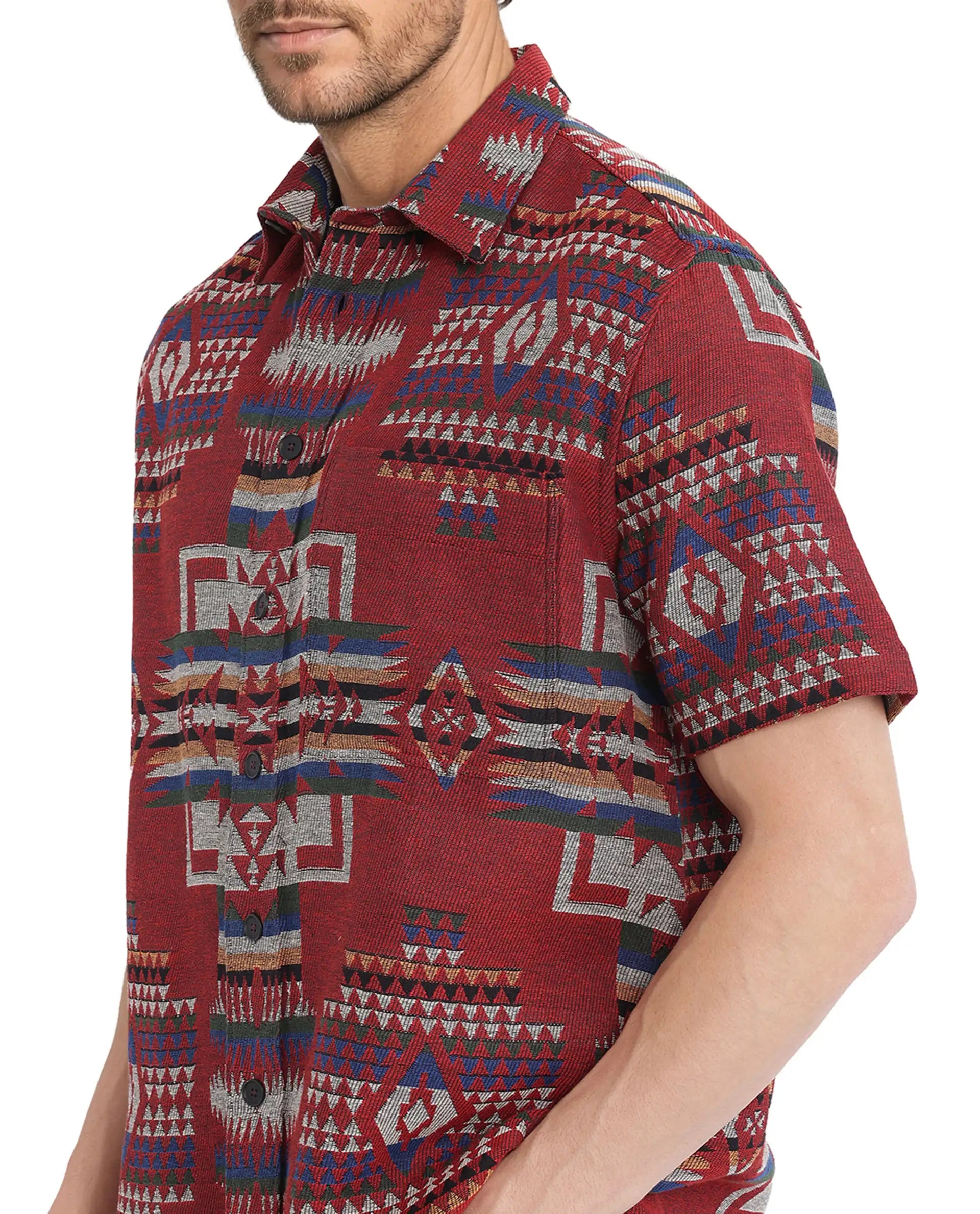 Rare Rabbit Men's Pamp Maroon Cotton Fabric Short Sleeve Boxy Fit Regular Collared Button Closure Jacquard Shirt