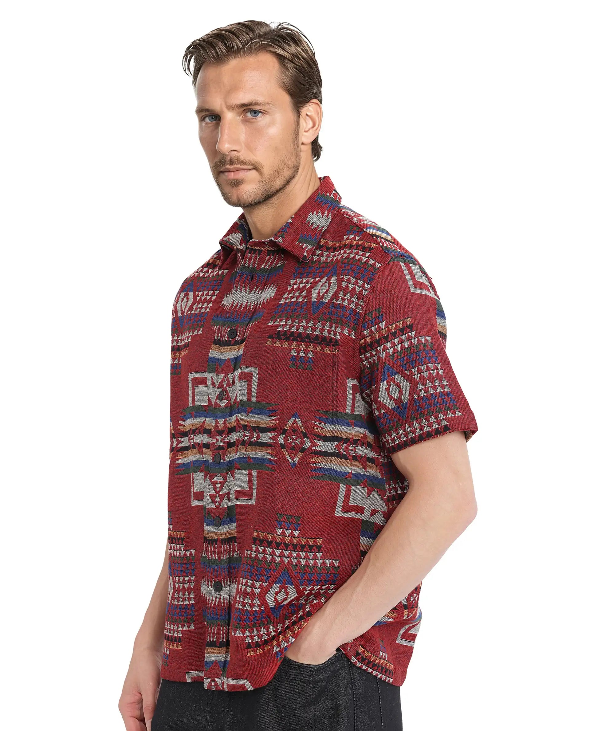 Rare Rabbit Men's Pamp Maroon Cotton Fabric Short Sleeve Boxy Fit Regular Collared Button Closure Jacquard Shirt