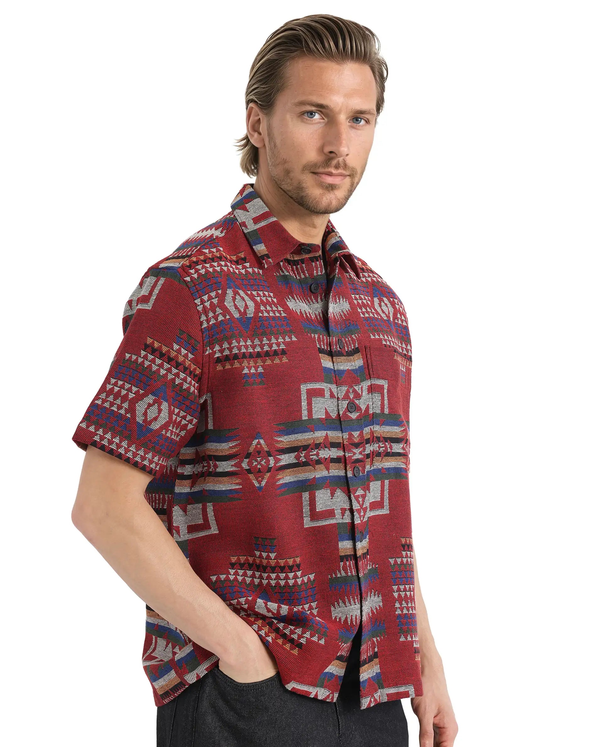 Rare Rabbit Men's Pamp Maroon Cotton Fabric Short Sleeve Boxy Fit Regular Collared Button Closure Jacquard Shirt