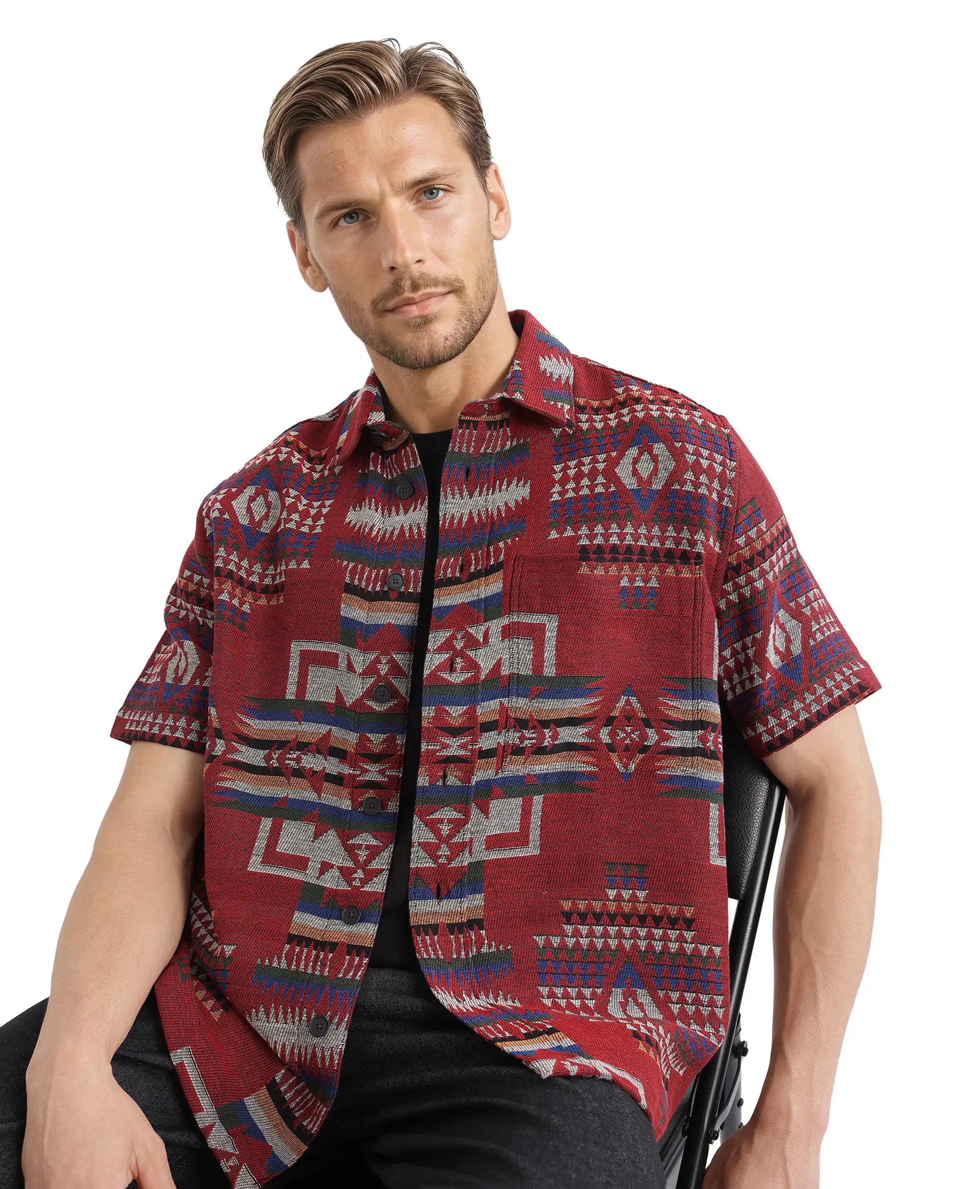 Rare Rabbit Men's Pamp Maroon Cotton Fabric Short Sleeve Boxy Fit Regular Collared Button Closure Jacquard Shirt