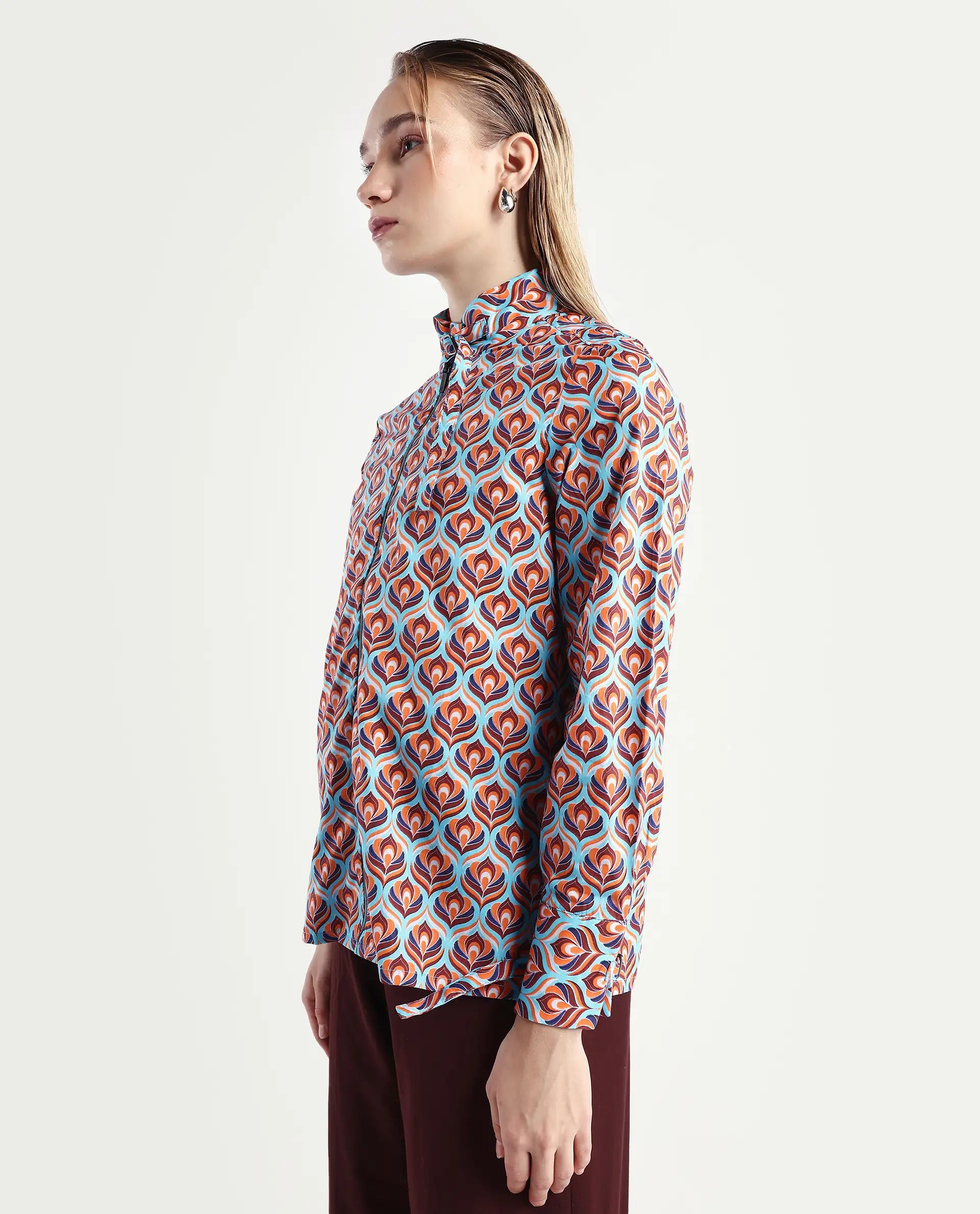 Rareism Women's Panache Multi Cotton High Neck Geometric Print Cuffed Sleeve Regular Fit Top