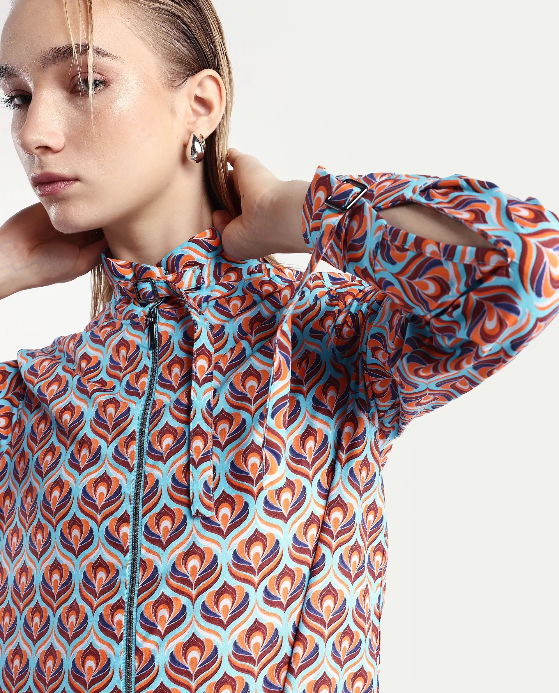 Rareism Women's Panache Multi Cotton High Neck Geometric Print Cuffed Sleeve Regular Fit Top