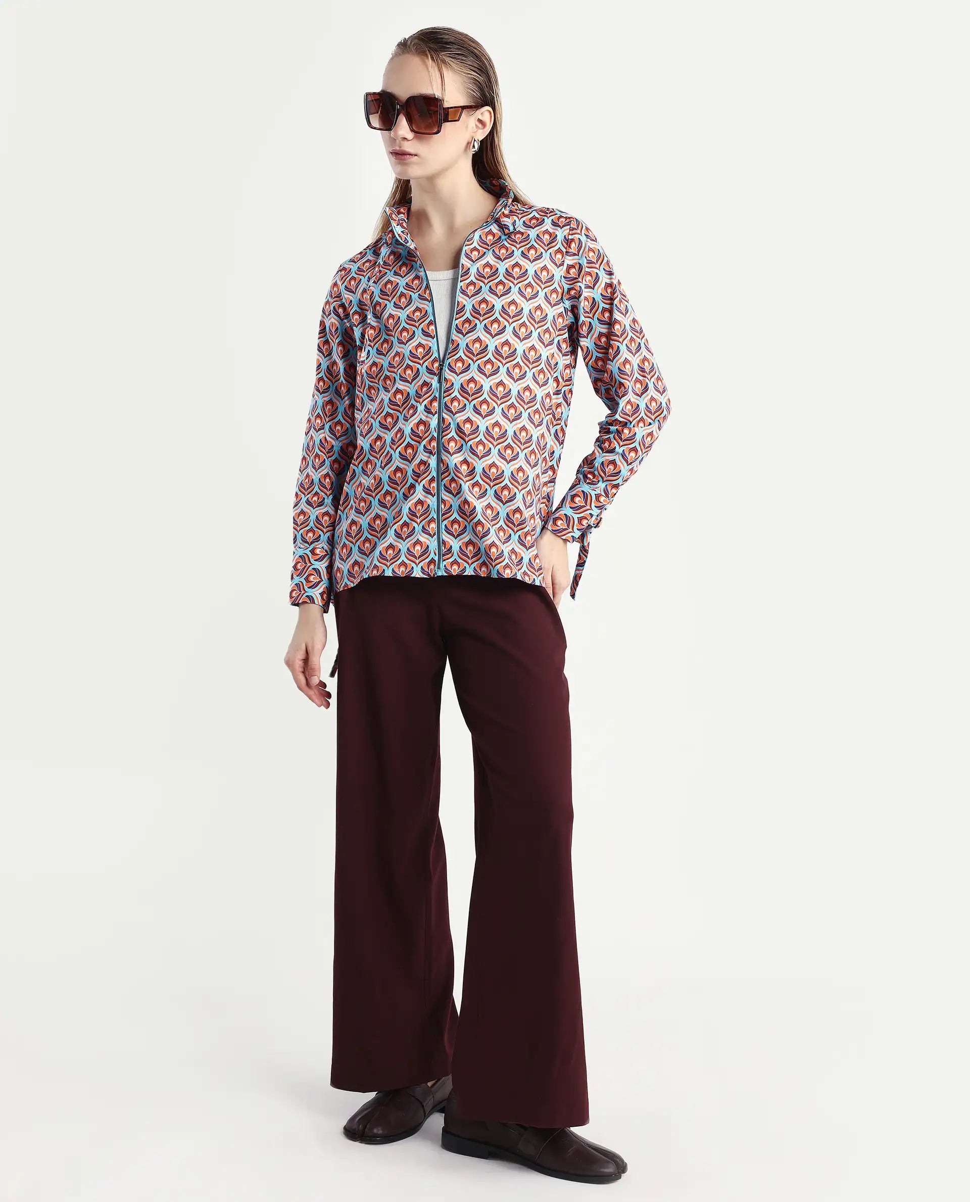 Rareism Women's Panache Multi Cotton High Neck Geometric Print Cuffed Sleeve Regular Fit Top