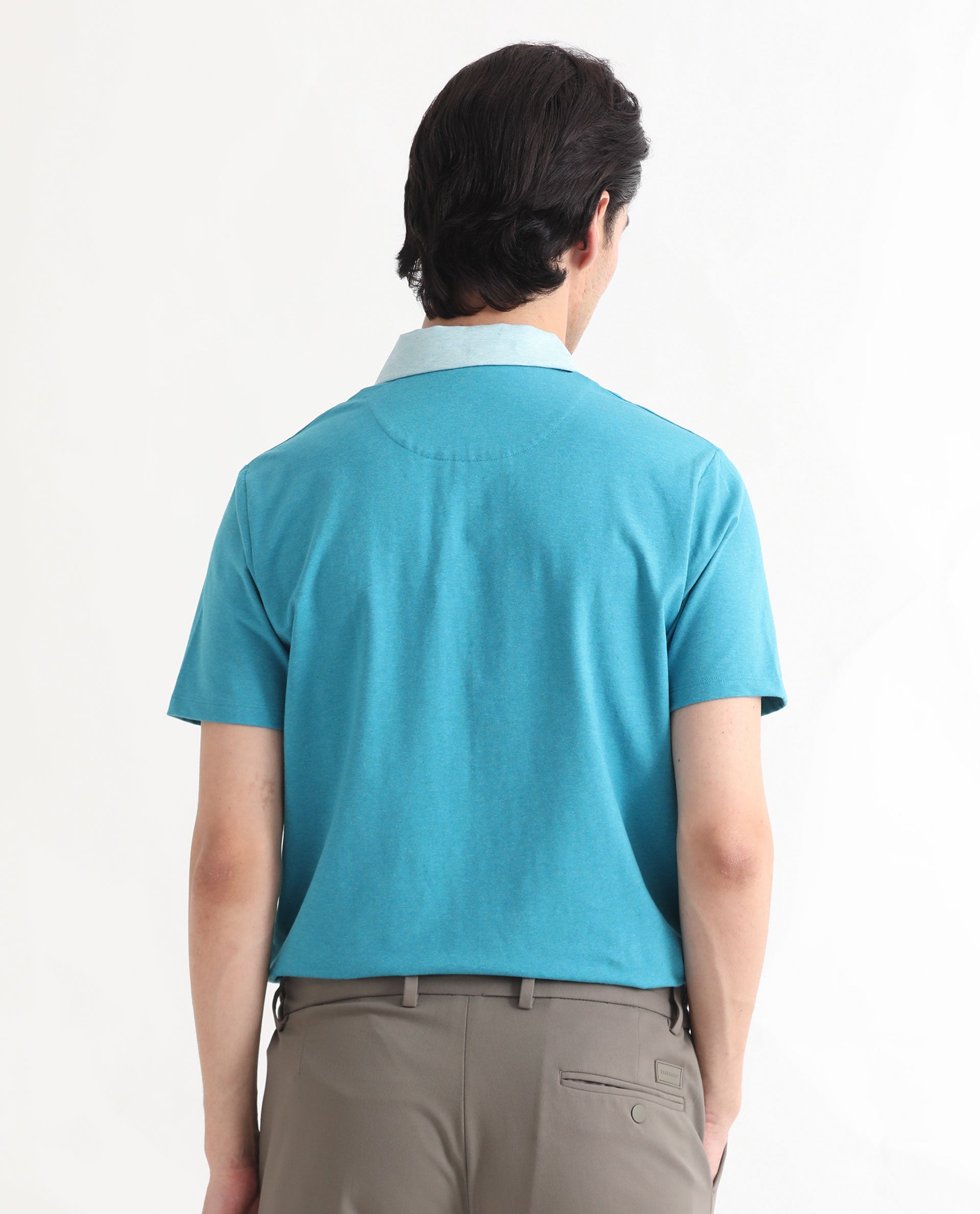 Rare Rabbit Men's Panel Blue Cotton Fabric Collared Neck Zipper Closure Half Sleeve Melange Polo T-Shirt