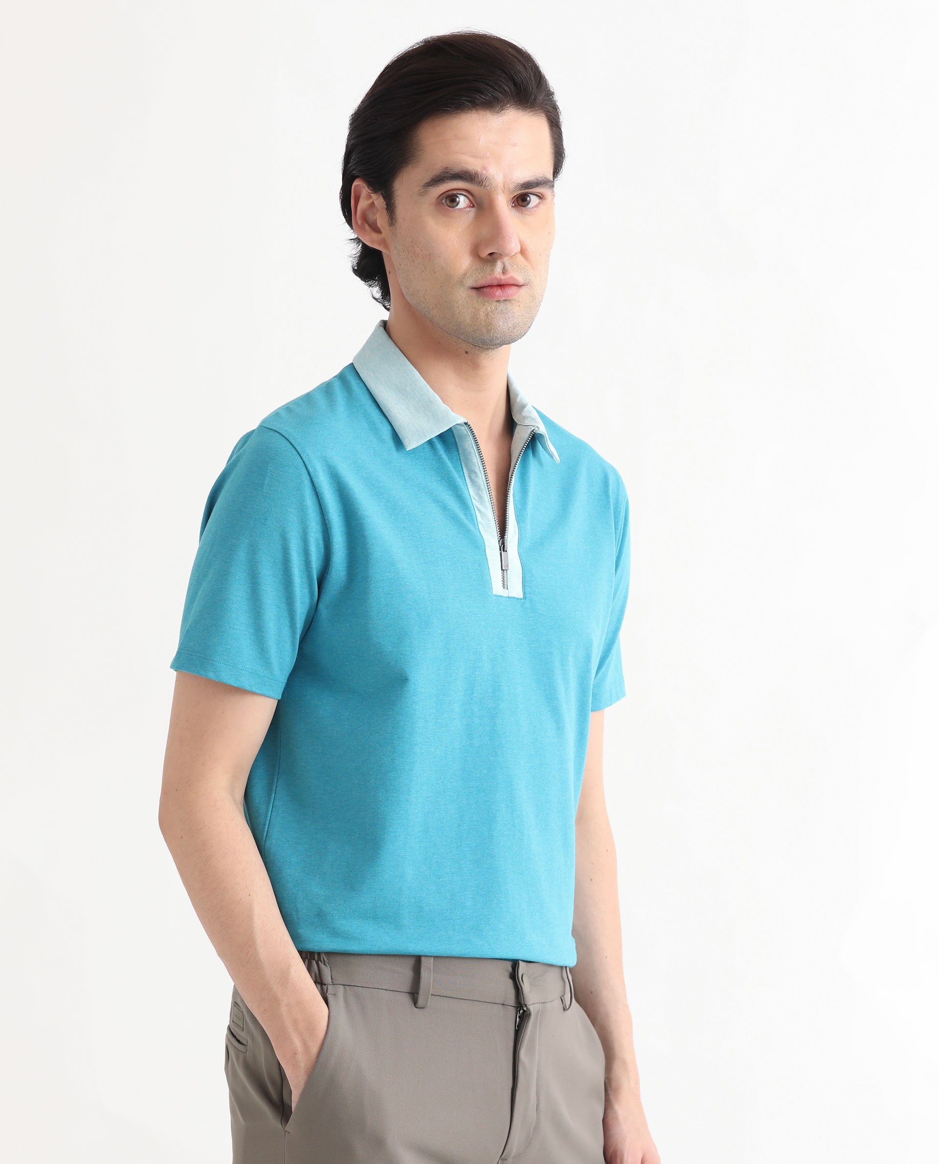 Rare Rabbit Men's Panel Blue Cotton Fabric Collared Neck Zipper Closure Half Sleeve Melange Polo T-Shirt