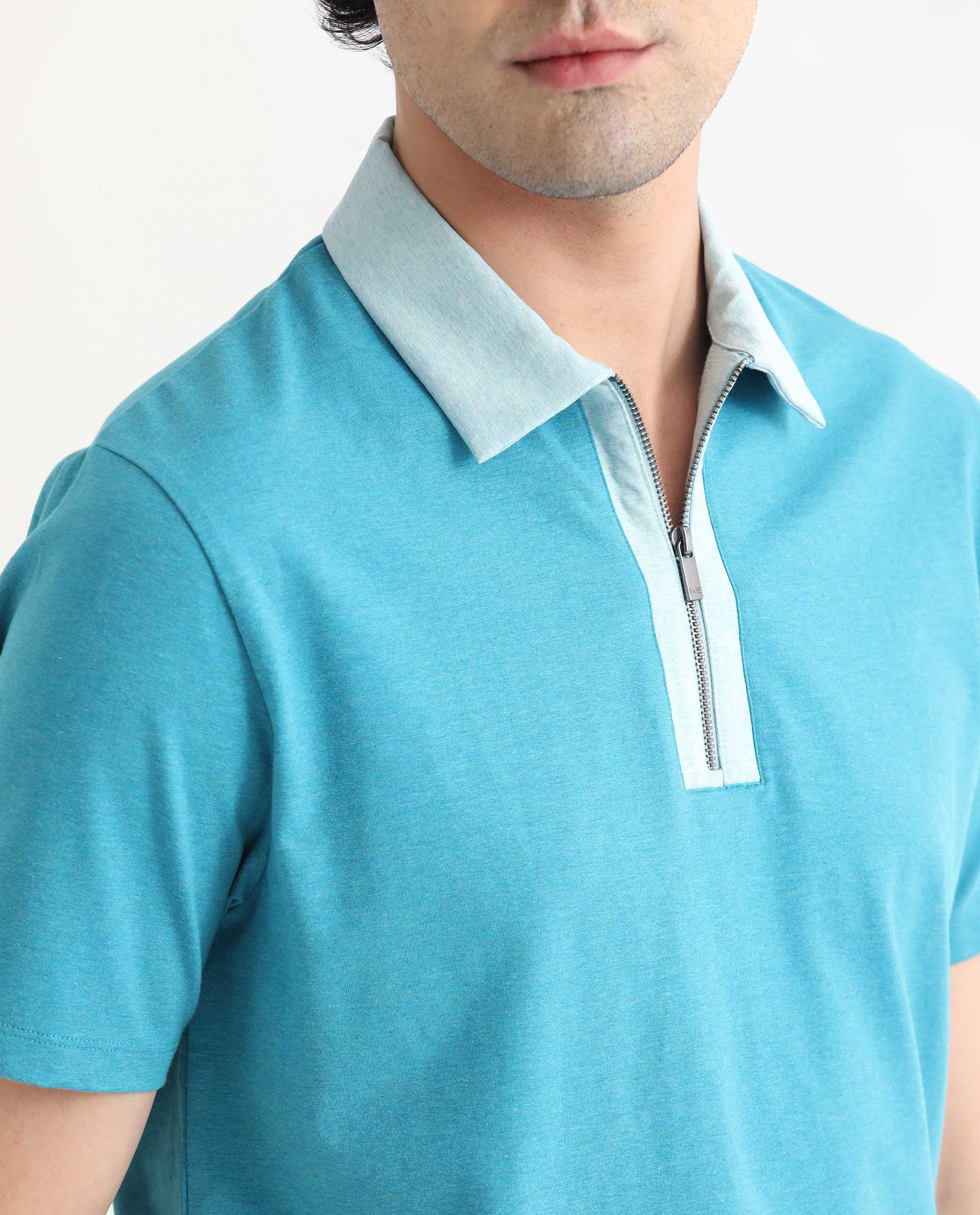 Rare Rabbit Men's Panel Blue Cotton Fabric Collared Neck Zipper Closure Half Sleeve Melange Polo T-Shirt