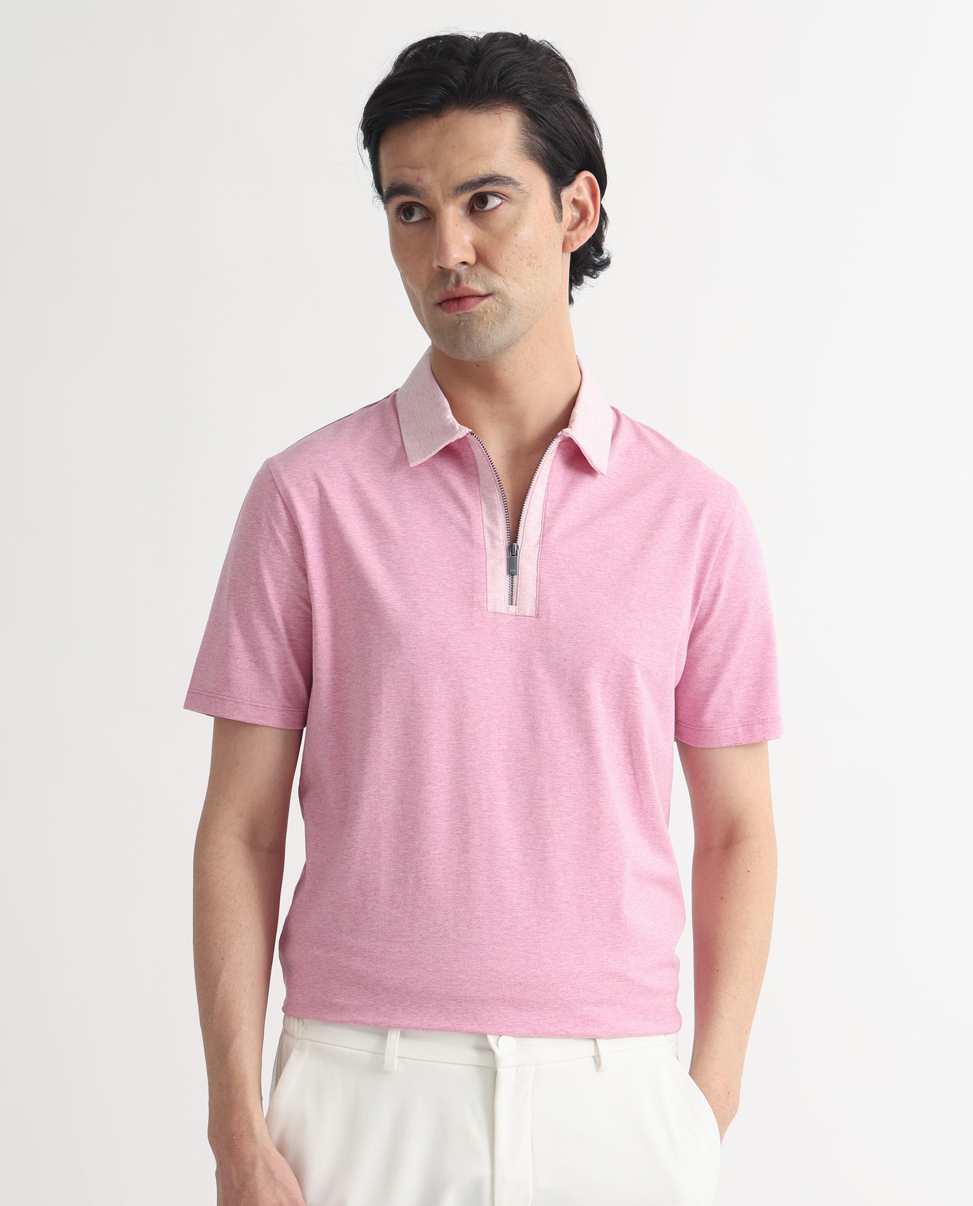 Rare Rabbit Men's Panel Pink Cotton Fabric Collared Neck Zipper Closure Half Sleeve Melange Polo T-Shirt