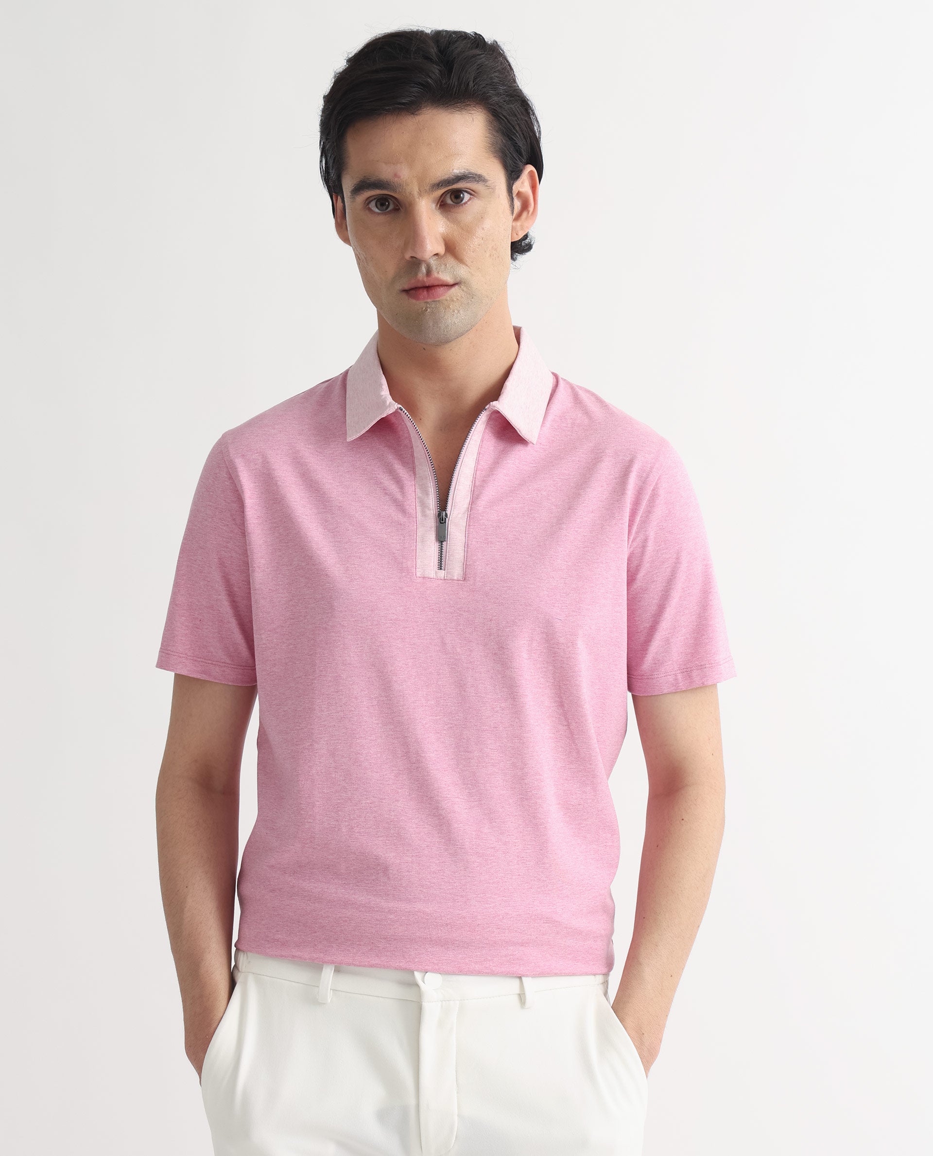 Rare Rabbit Men's Panel Pink Cotton Fabric Collared Neck Zipper Closure Half Sleeve Melange Polo T-Shirt