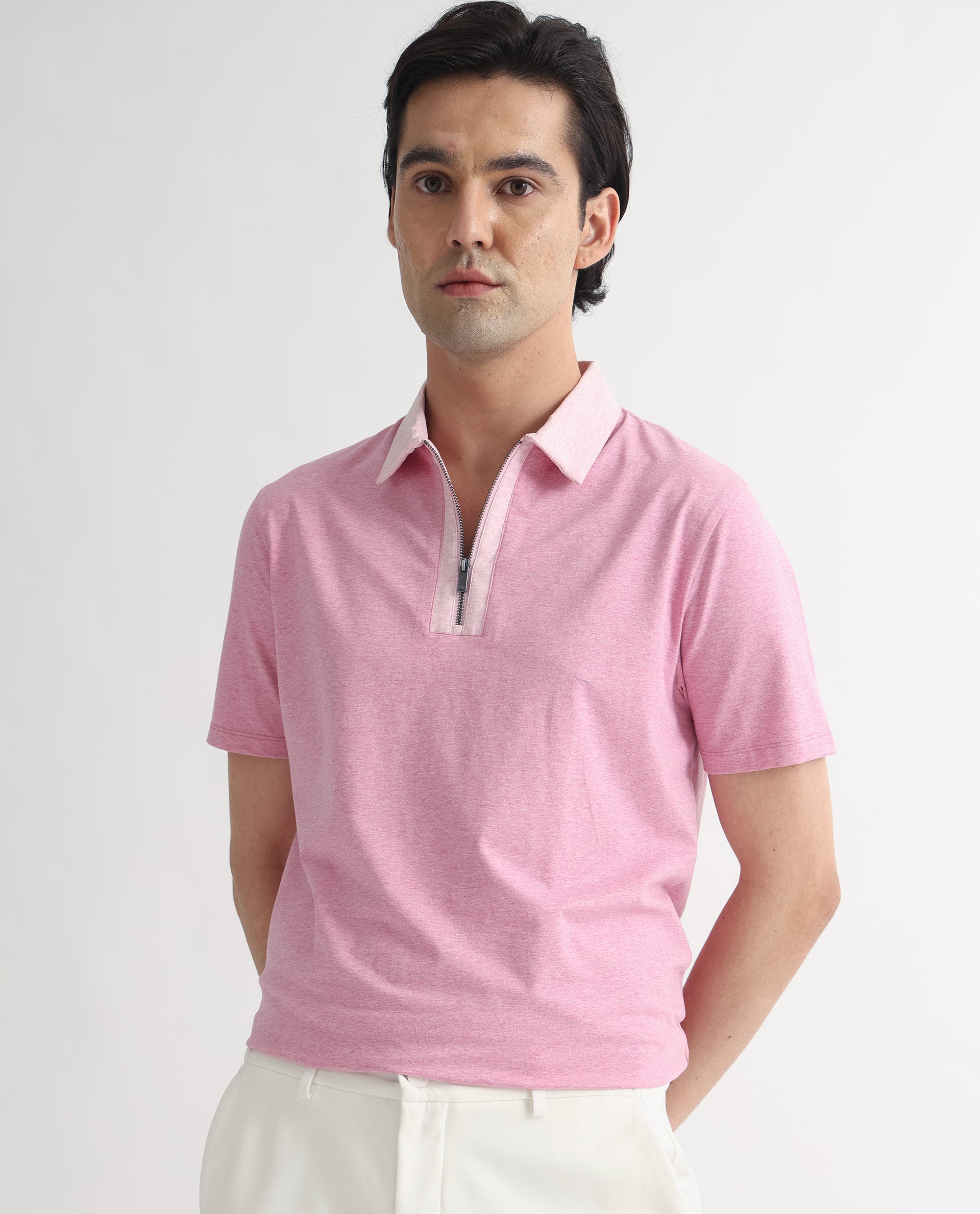 Rare Rabbit Men's Panel Pink Cotton Fabric Collared Neck Zipper Closure Half Sleeve Melange Polo T-Shirt