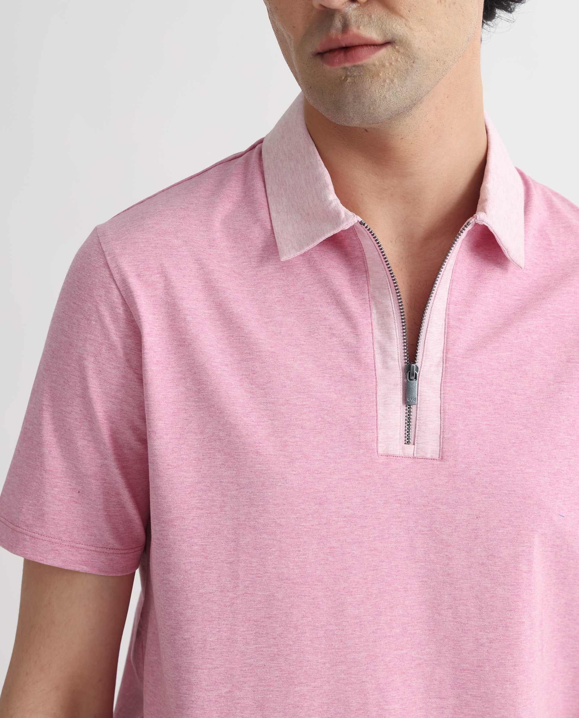 Rare Rabbit Men's Panel Pink Cotton Fabric Collared Neck Zipper Closure Half Sleeve Melange Polo T-Shirt