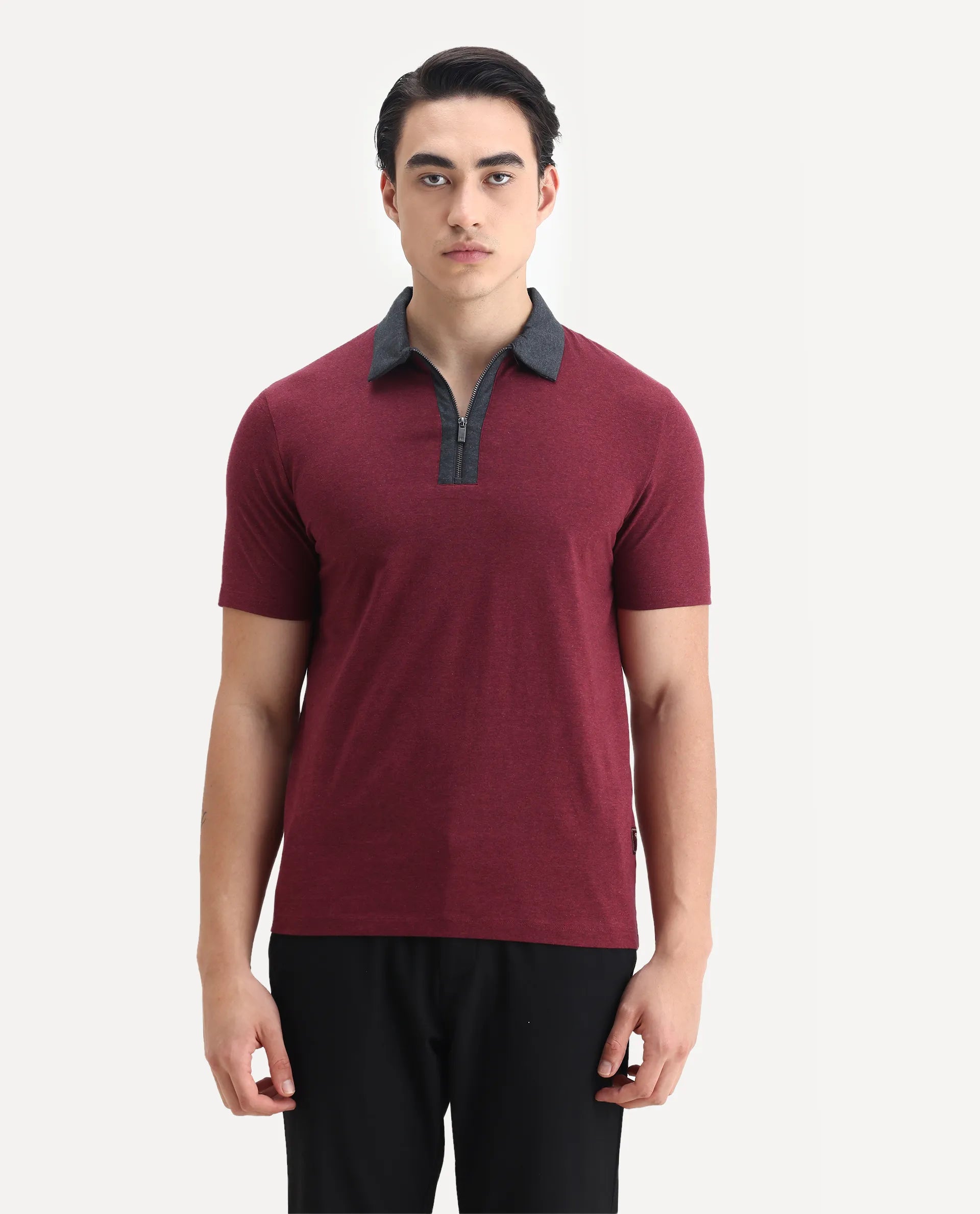 Rare Rabbit Men's Panel Dark Red Cotton Plain Regular Fit Half Sleeve Polo
