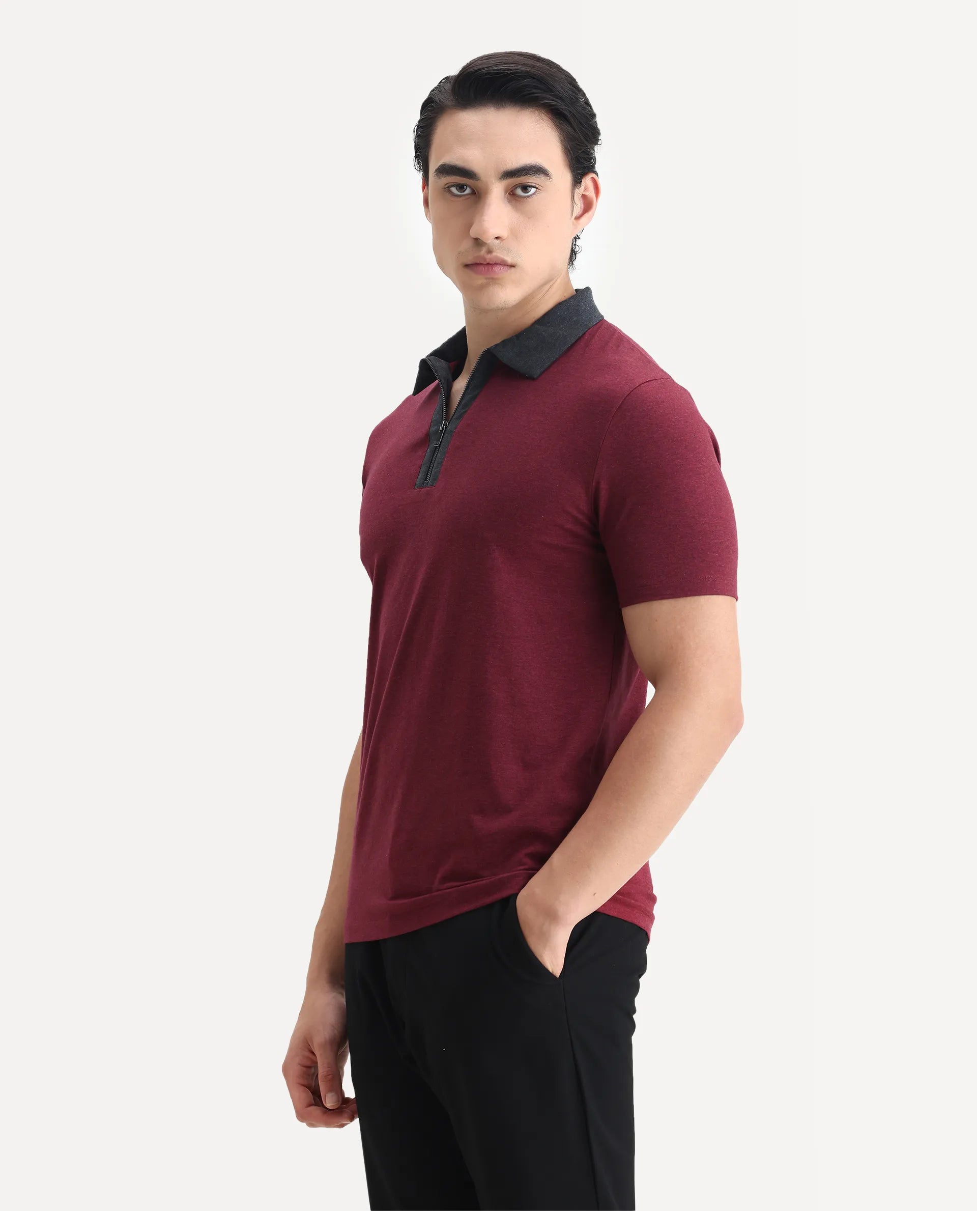 Rare Rabbit Men's Panel Dark Red Cotton Plain Regular Fit Half Sleeve Polo