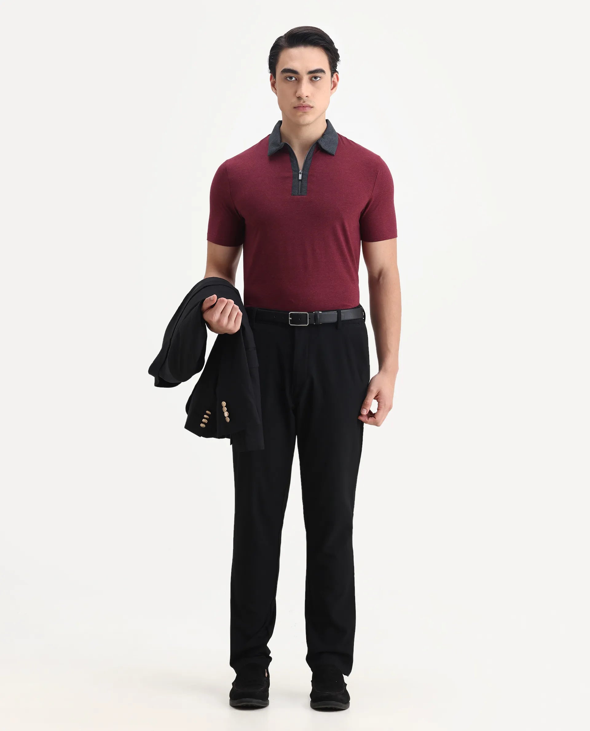 Rare Rabbit Men's Panel Dark Red Cotton Plain Regular Fit Half Sleeve Polo