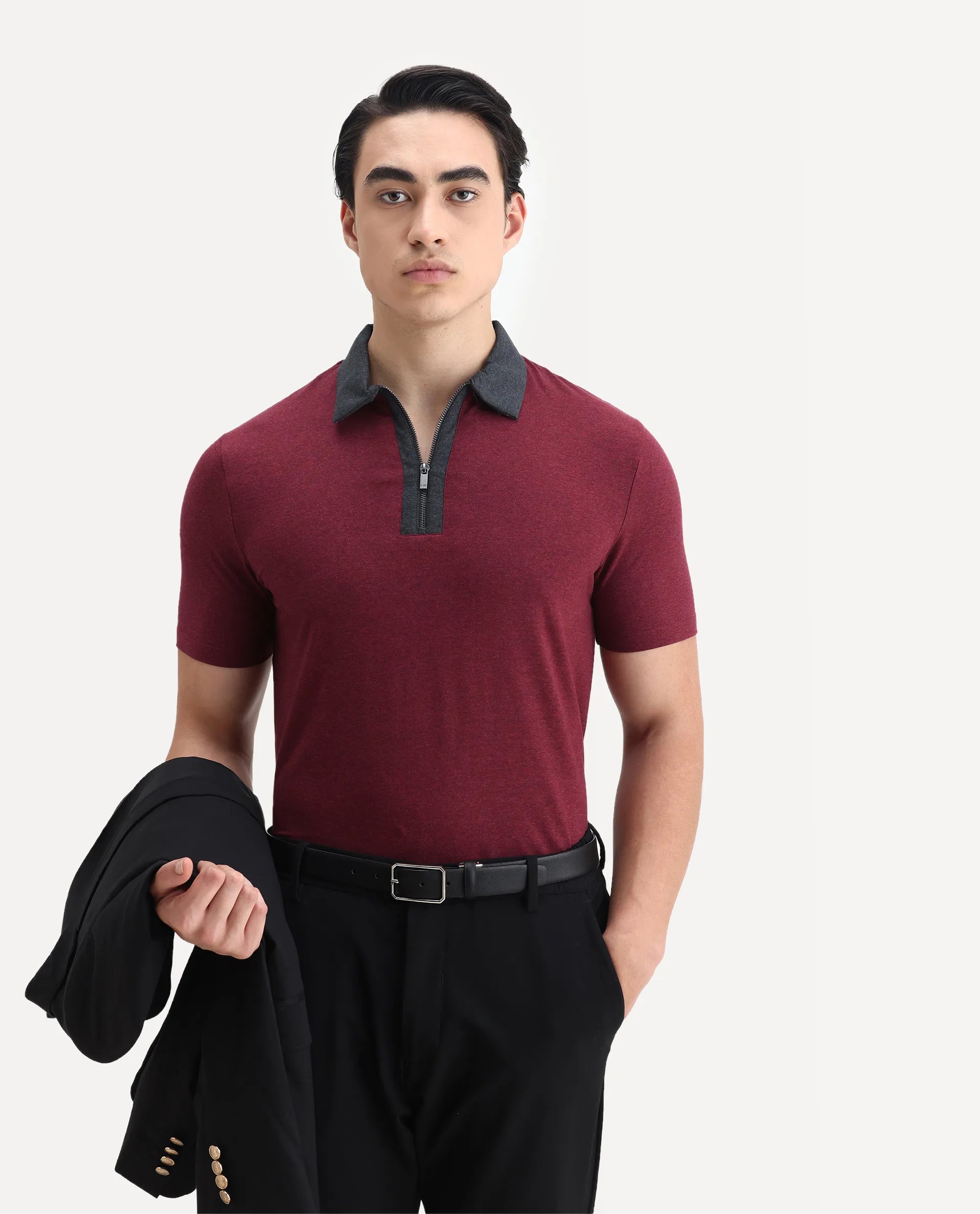 Rare Rabbit Men's Panel Dark Red Cotton Plain Regular Fit Half Sleeve Polo