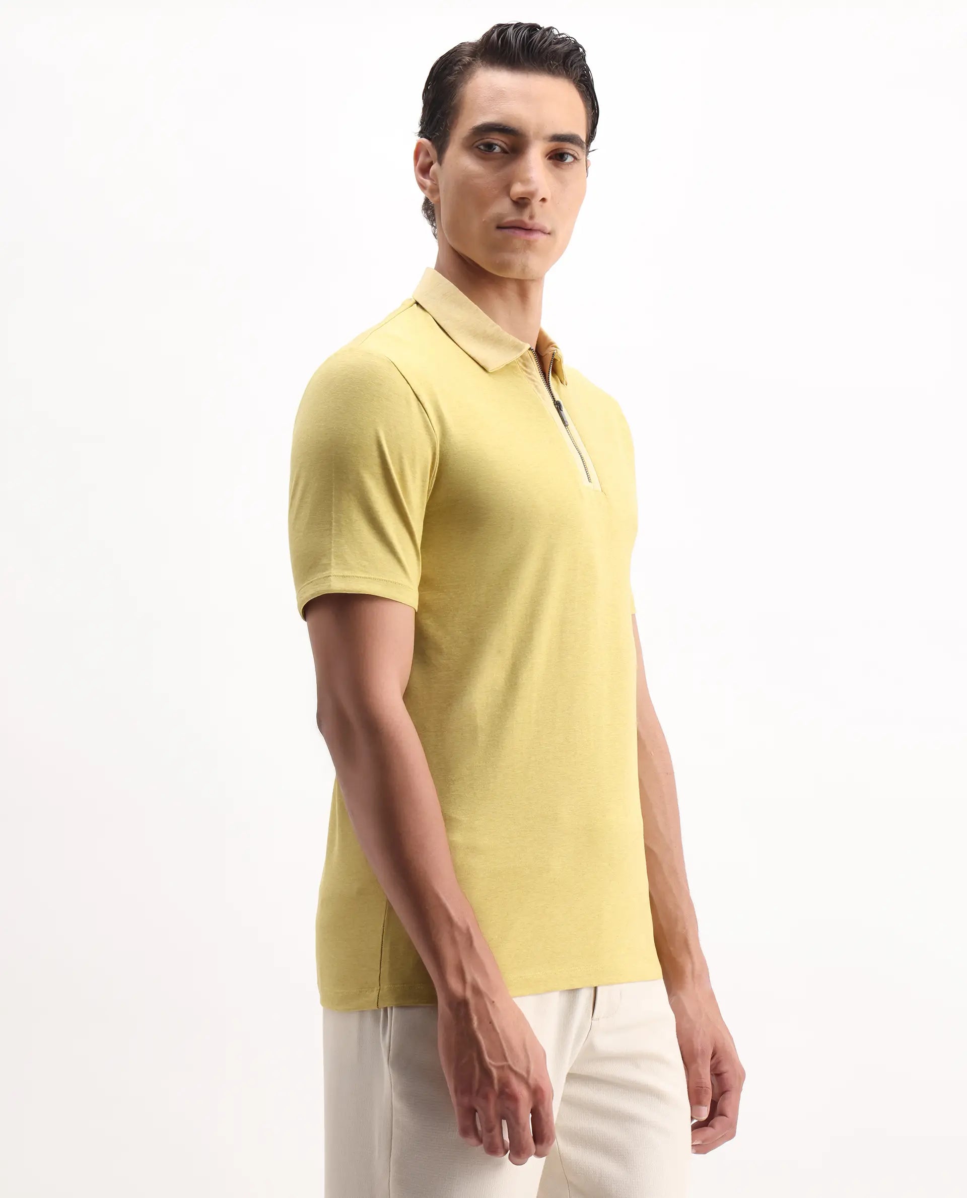 Rare Rabbit Men's Panel Yellow Cotton Plain Regular Fit Half Sleeve Polo