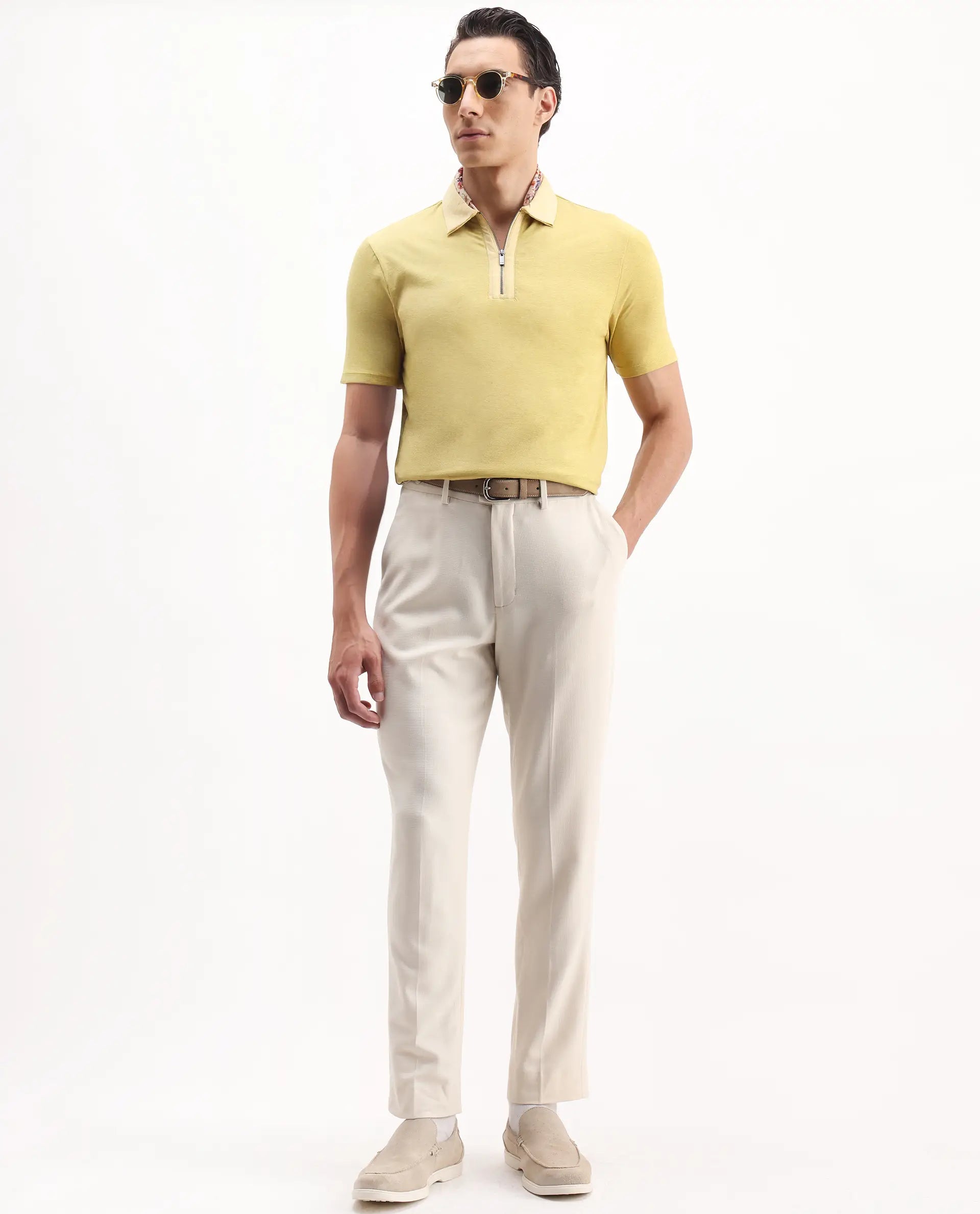 Rare Rabbit Men's Panel Yellow Cotton Plain Regular Fit Half Sleeve Polo