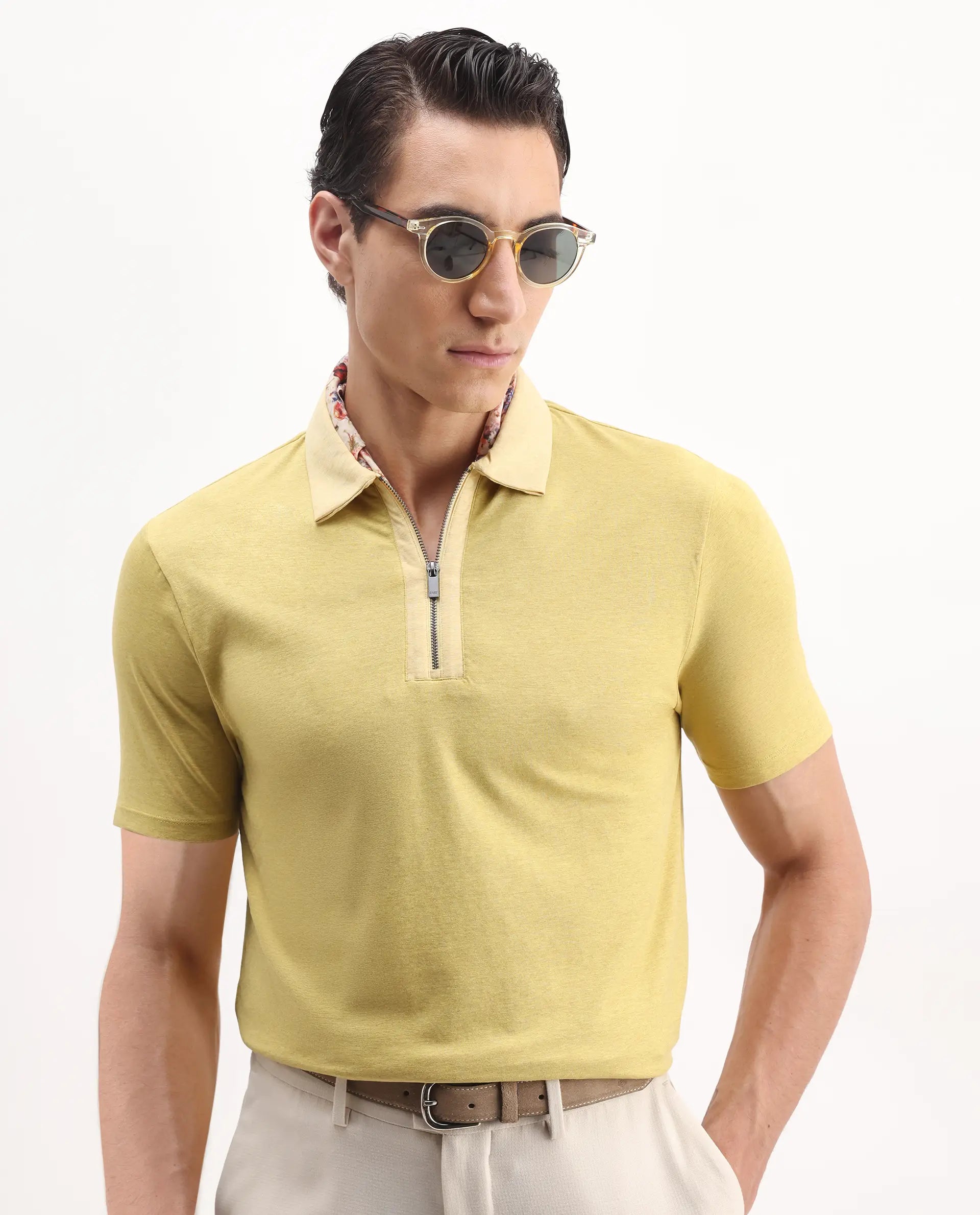 Rare Rabbit Men's Panel Yellow Cotton Plain Regular Fit Half Sleeve Polo