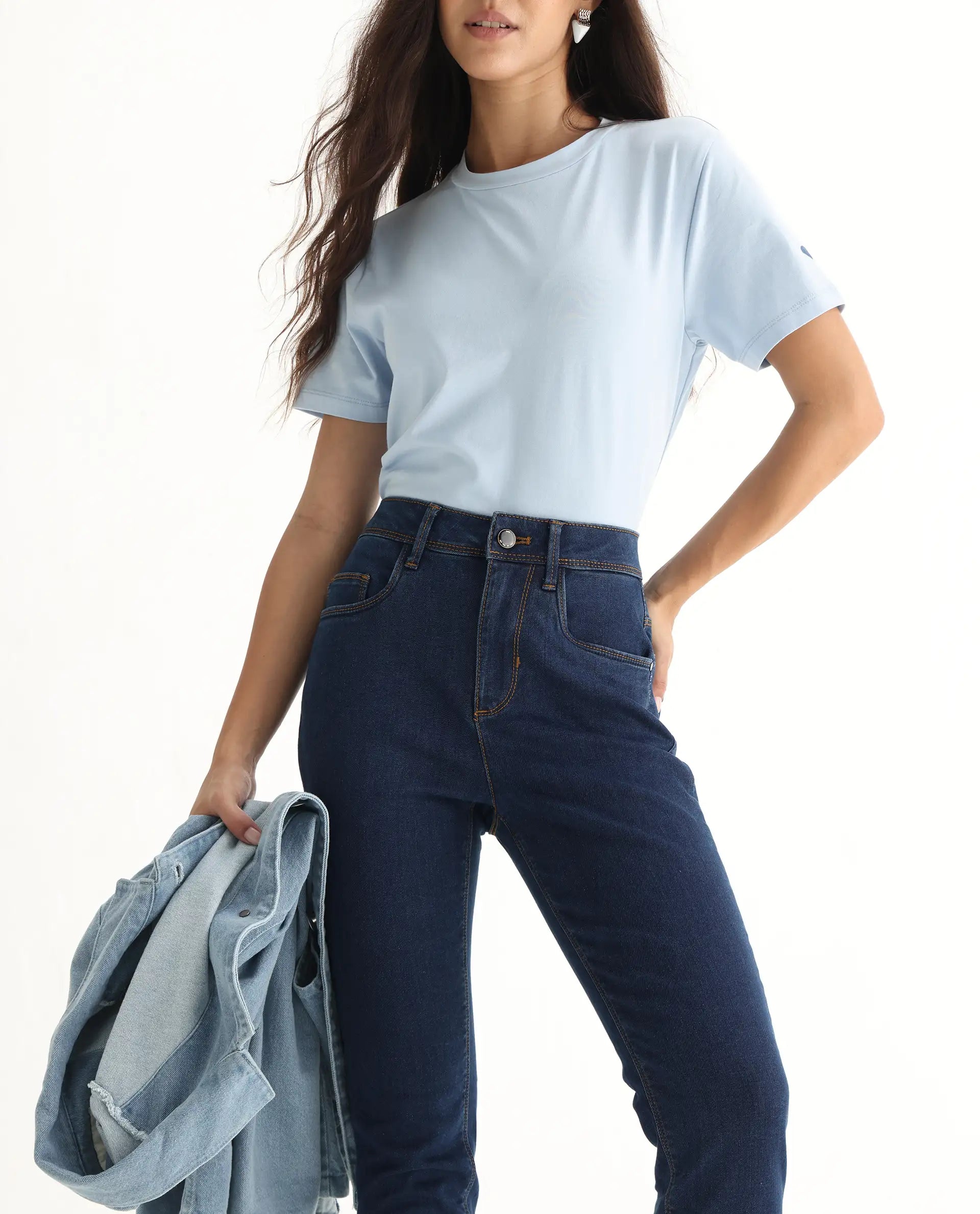 Rareism Women's Pansy Navy Cotton Blend Plain Ankle Length Slim Fit Jeans