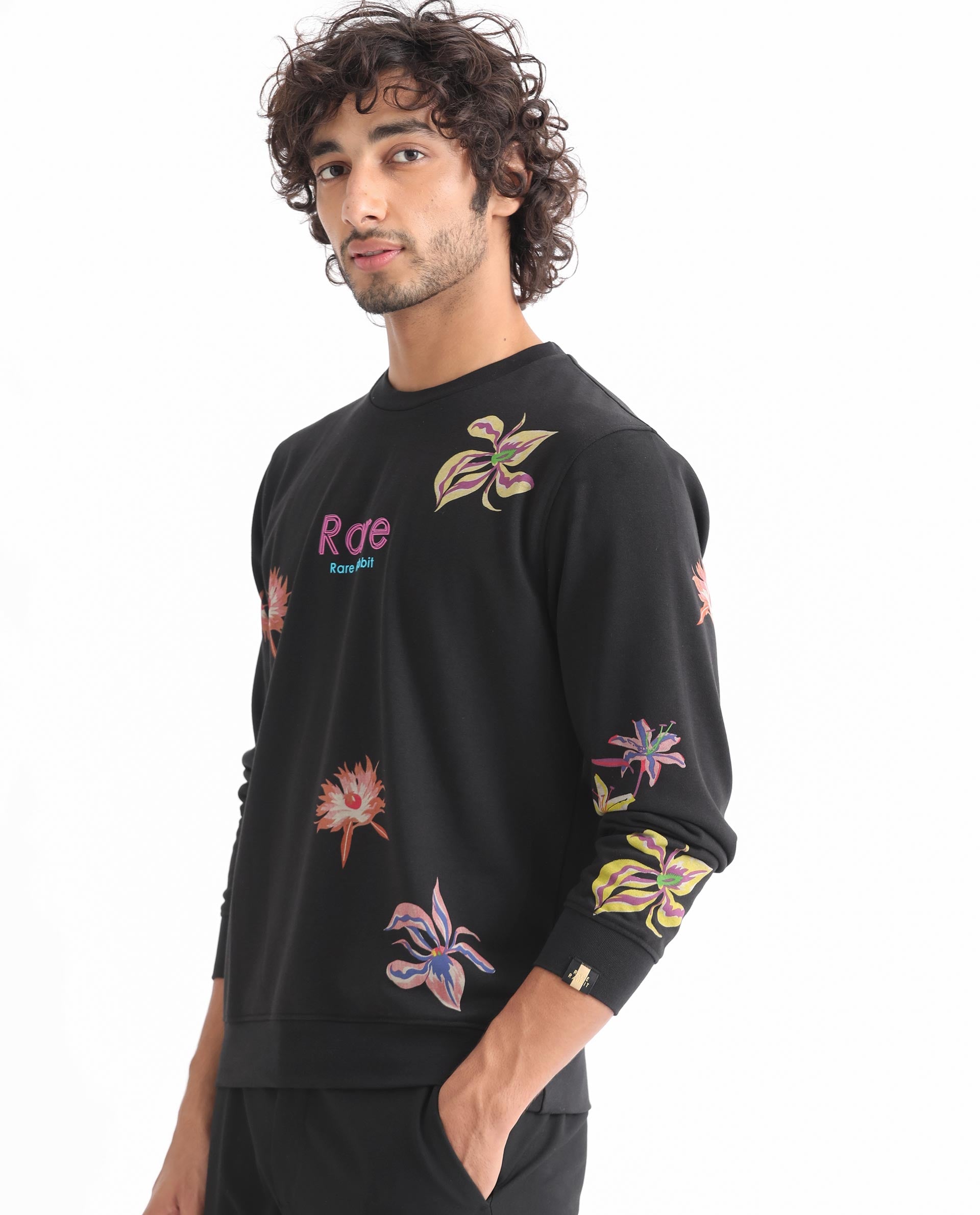 Rare Rabbit Men's Panton Black Cotton Polyester Terry Fabric Full Sleeves Floral Print Knitted Sweatshirt