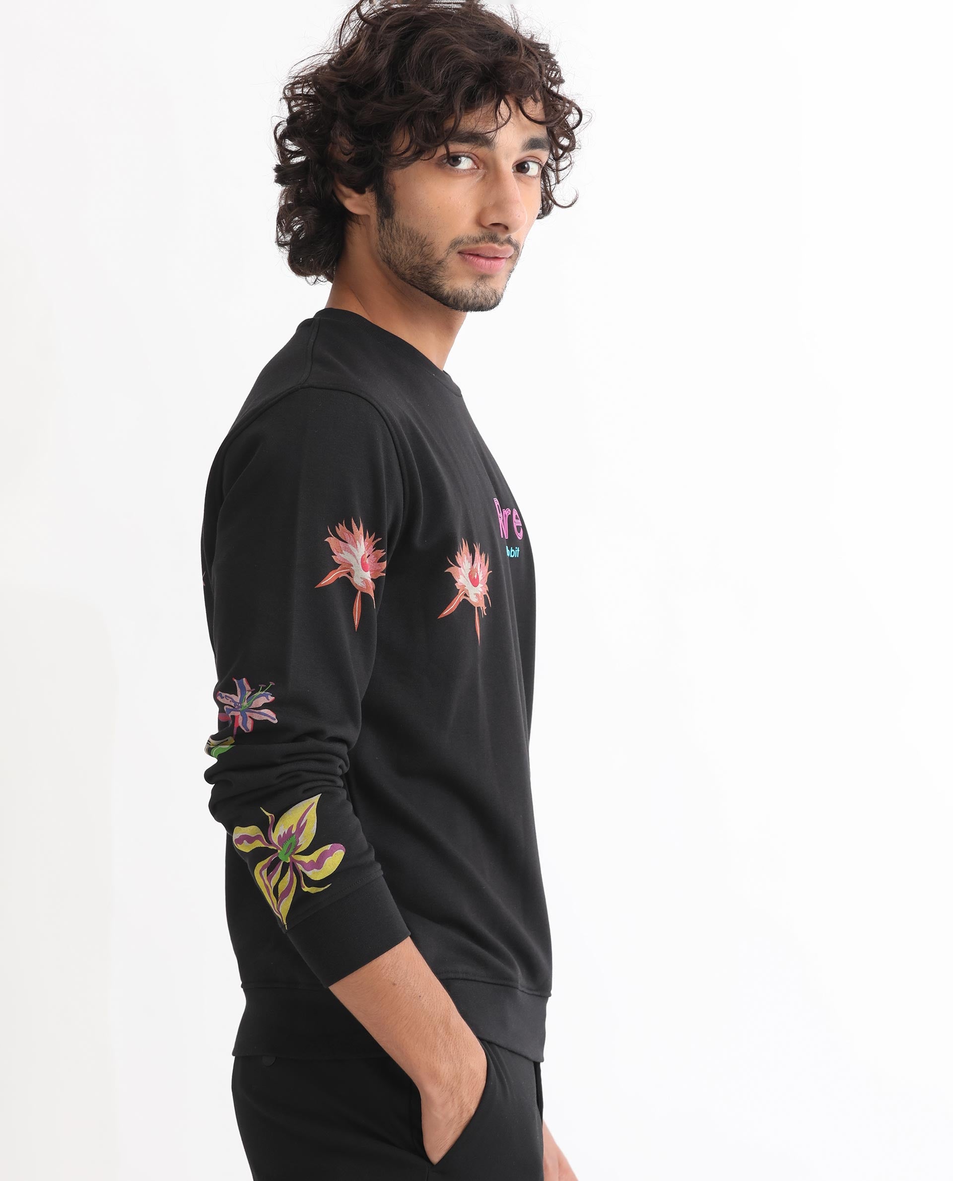 Rare Rabbit Men's Panton Black Cotton Polyester Terry Fabric Full Sleeves Floral Print Knitted Sweatshirt