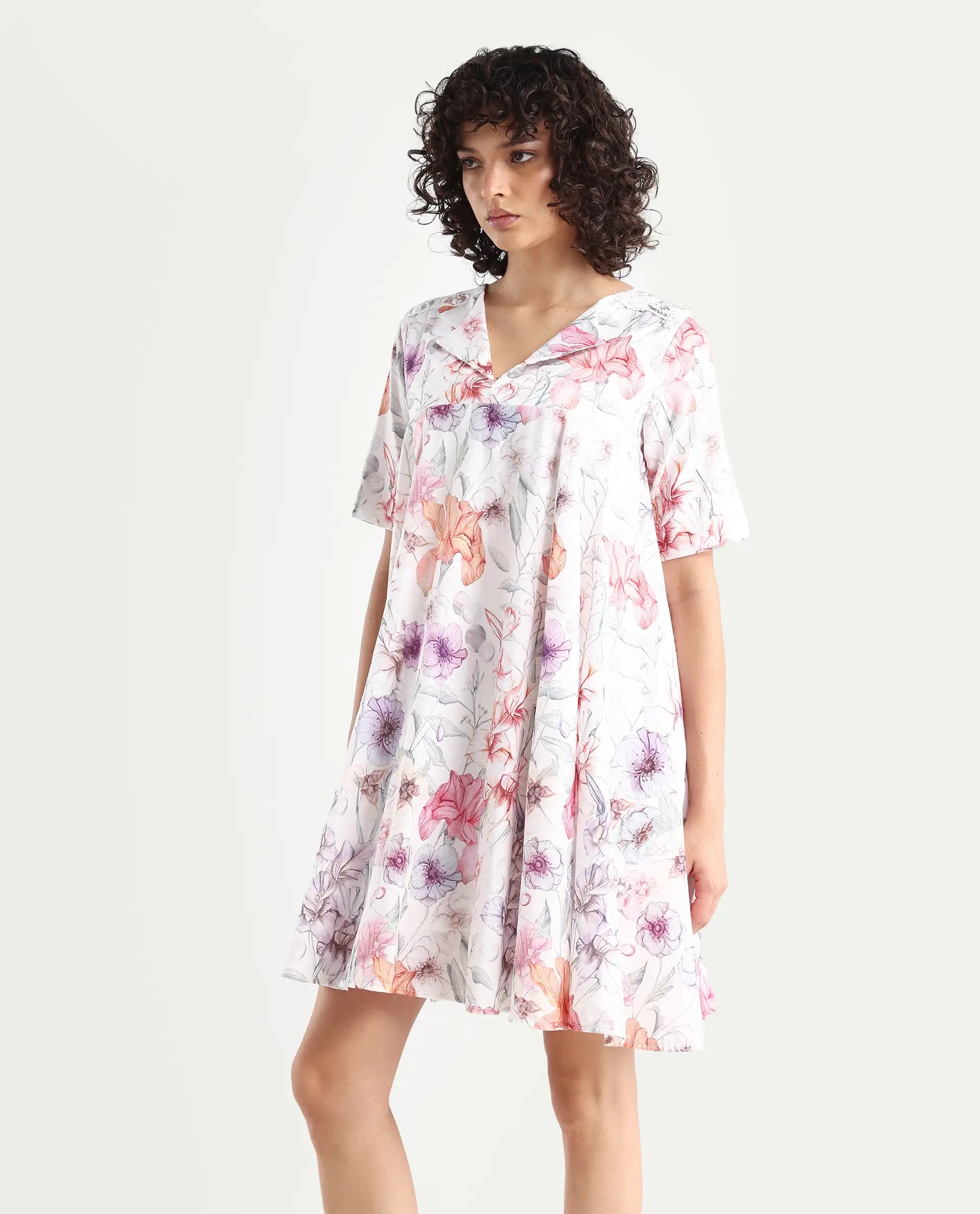 Rareism Women's Paola Multi Cotton Lapel Neck Floral Print Knee Length Flared Dress