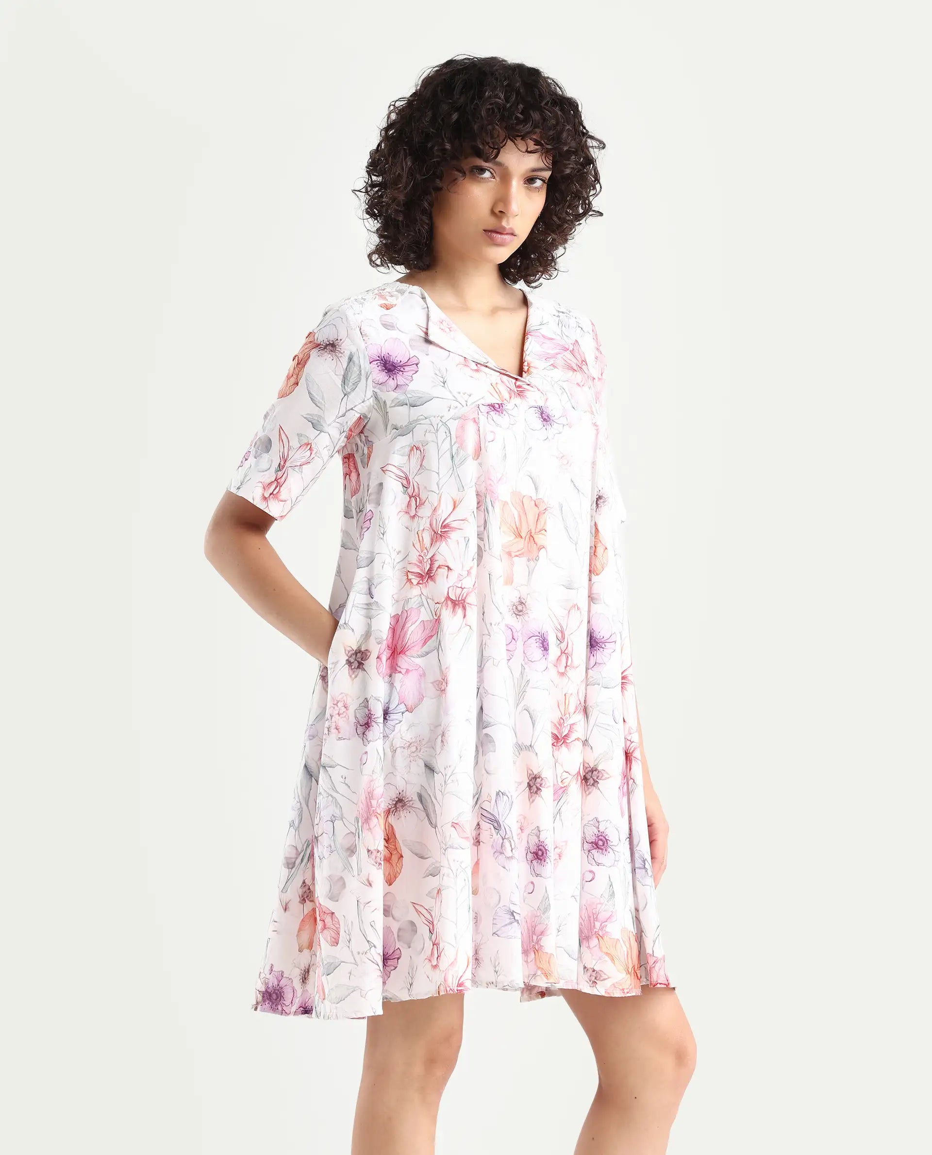 Rareism Women's Paola Multi Cotton Lapel Neck Floral Print Knee Length Flared Dress