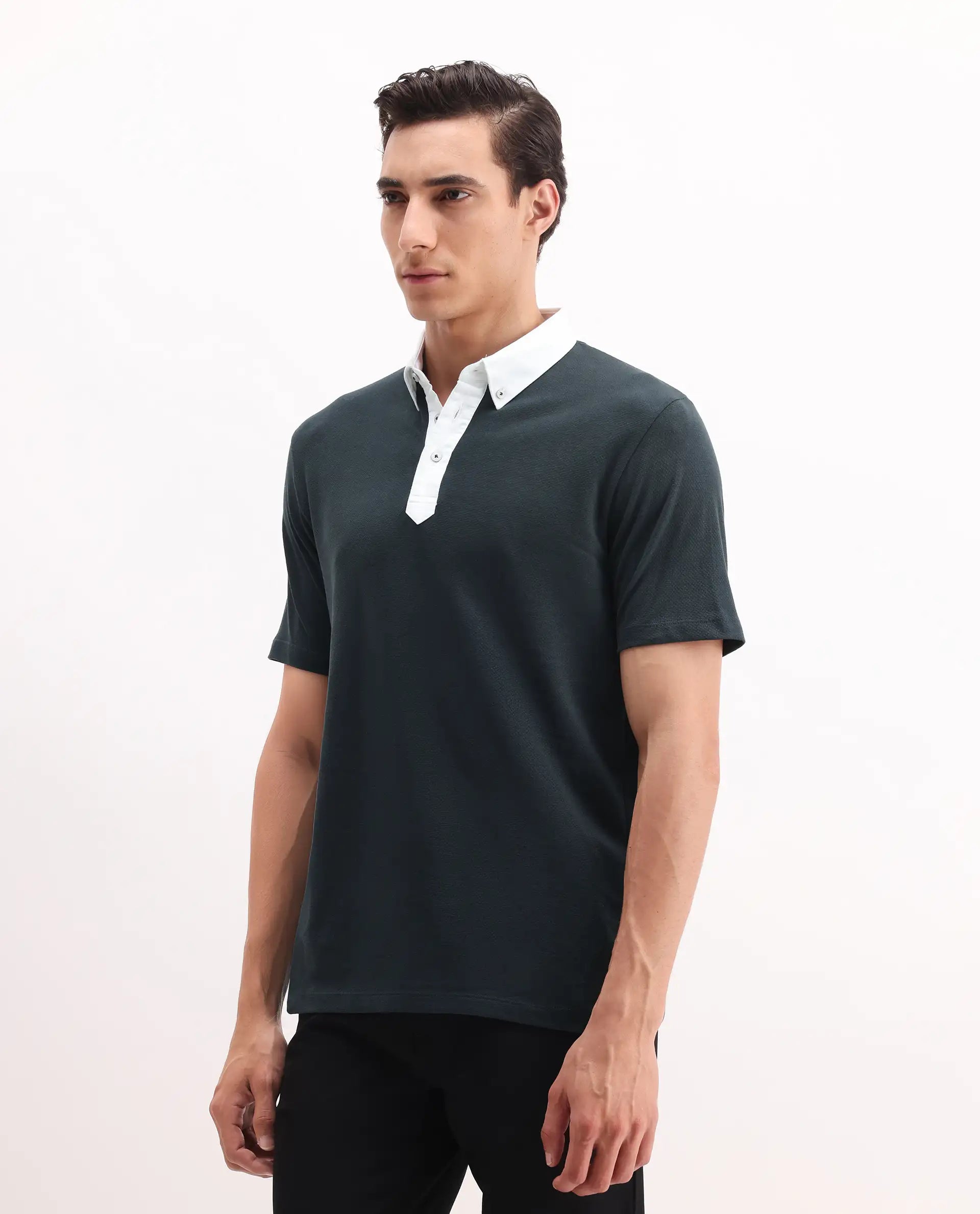 Rare Rabbit Men's Parma 2 Petrol Cotton Plain Regular Fit Half Sleeve Polo