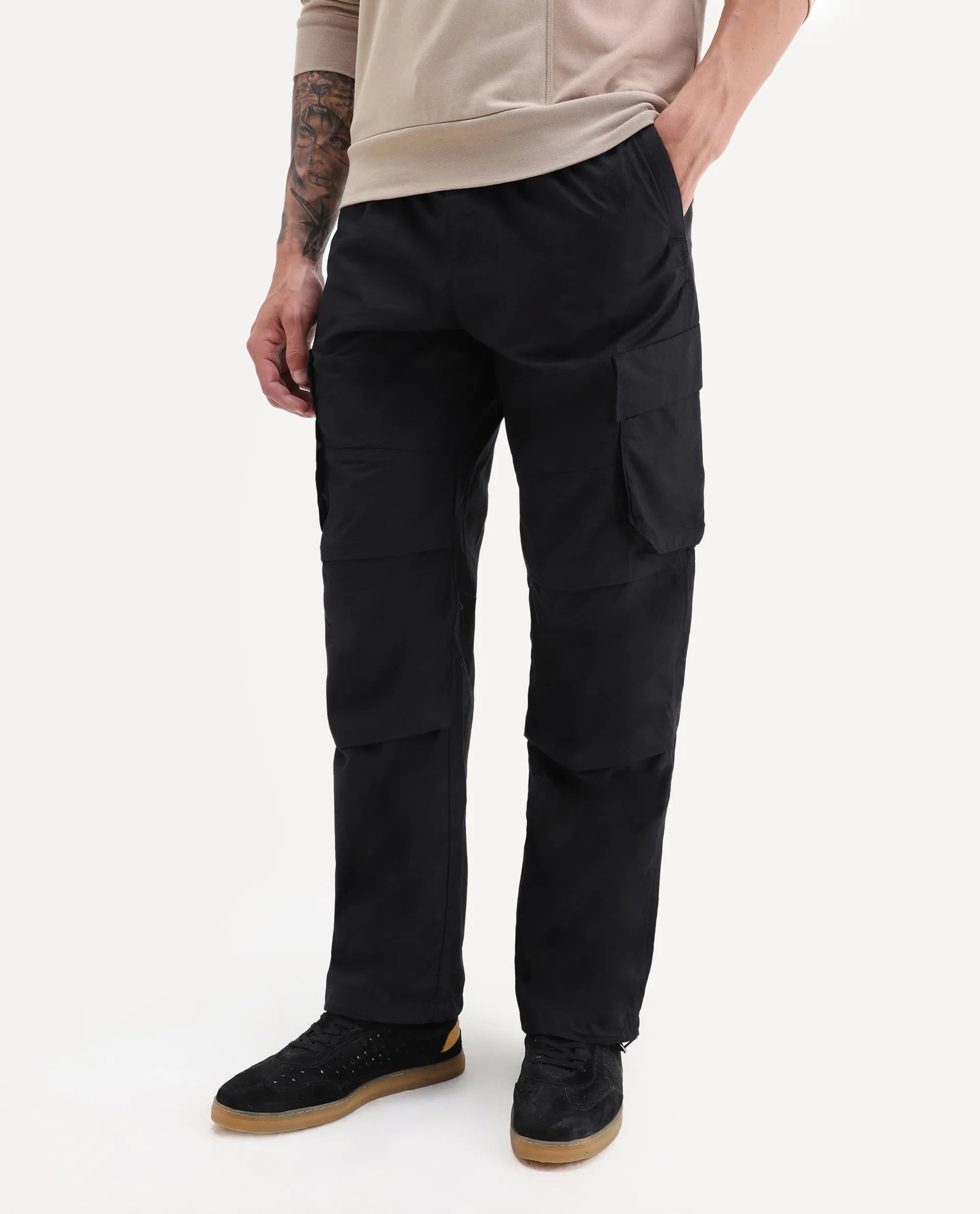 Rare Rabbit Men's Parc Black Cotton Plain Regular Fit Trouser