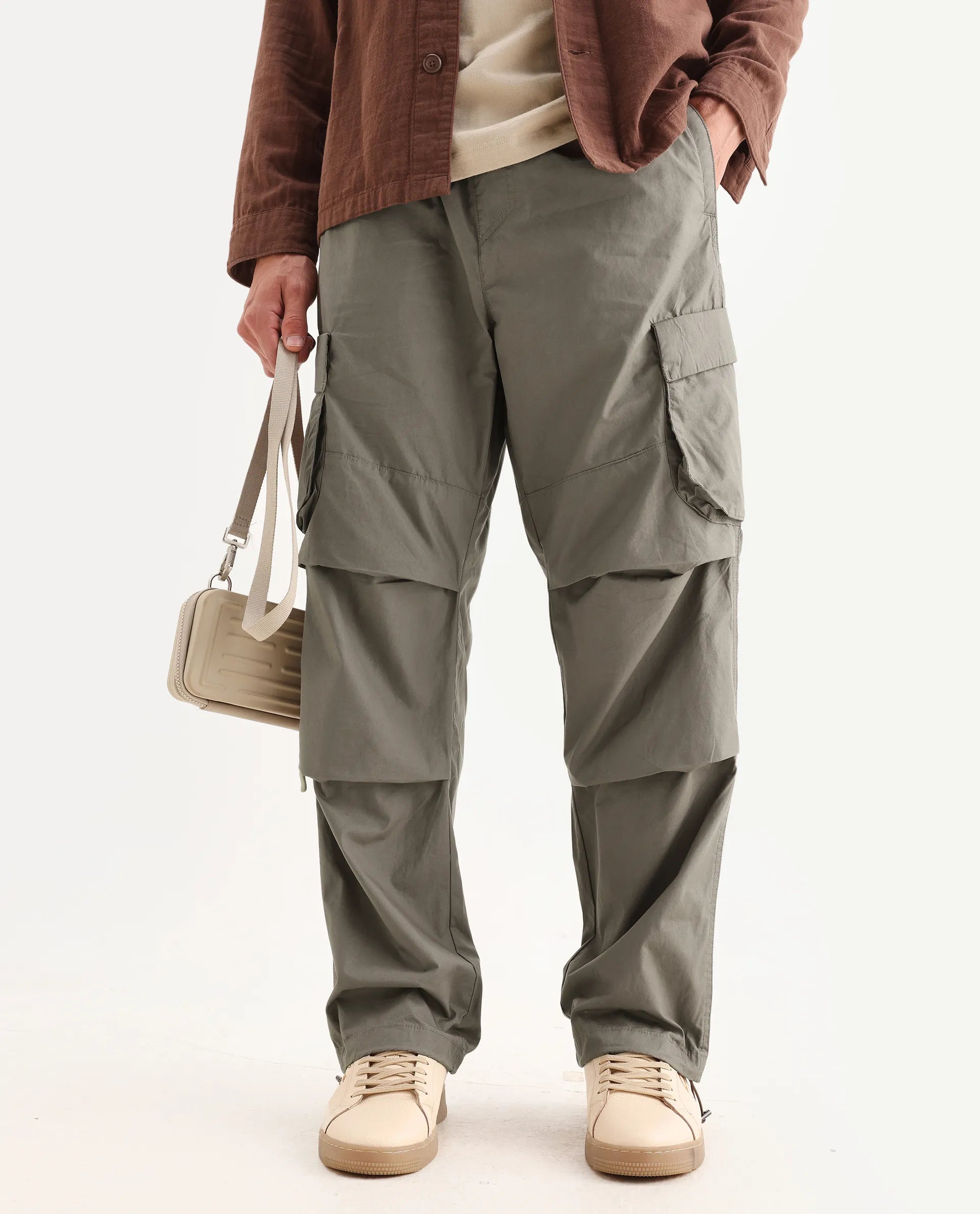 Rare Rabbit Men's Parc Dusky Olive Cotton Plain Regular Fit Trouser