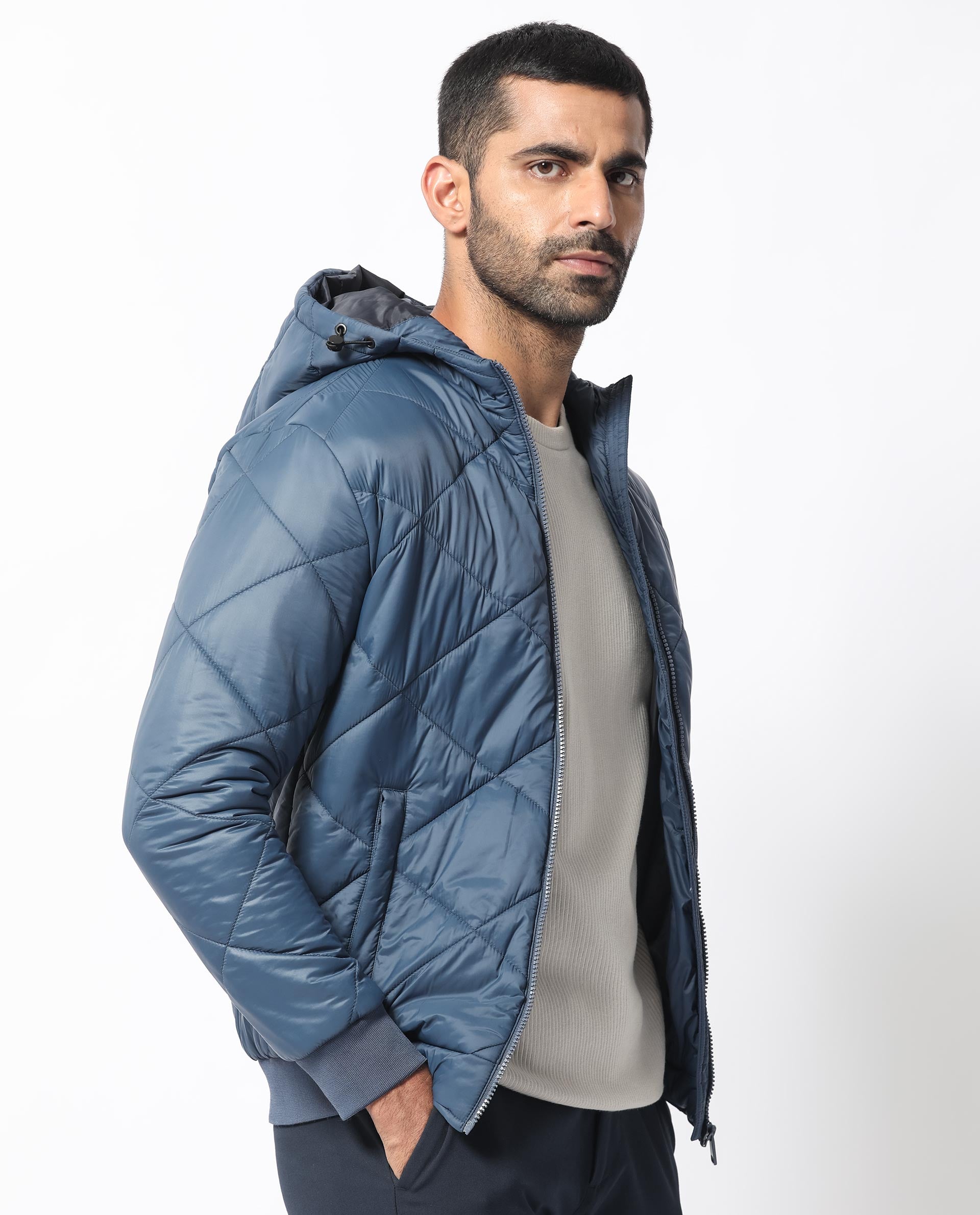 Rare Rabbit Men's Parco Dark Blue Diamond Quilted Hooded Puffer Jacket