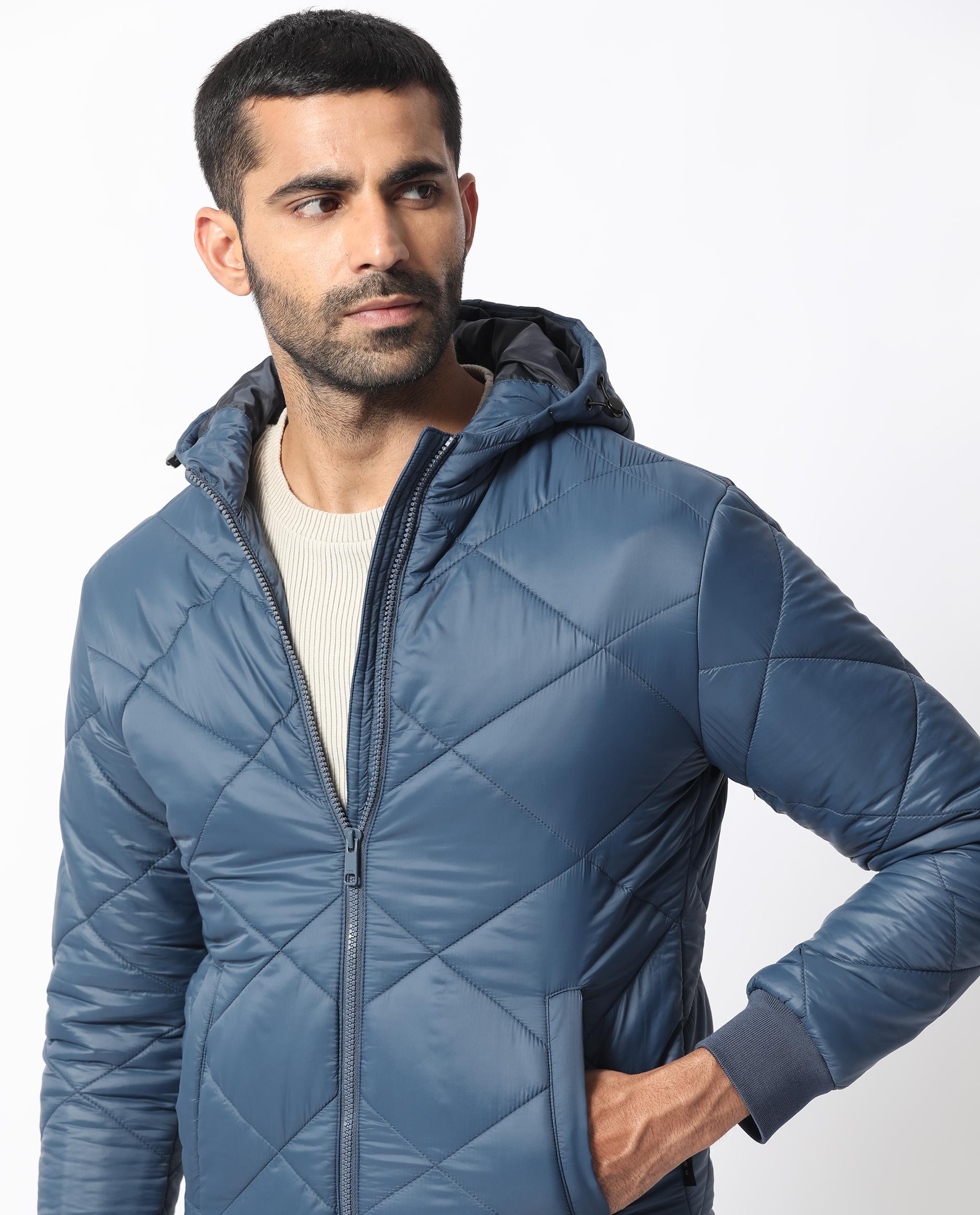 Rare Rabbit Men's Parco Dark Blue Diamond Quilted Hooded Puffer Jacket