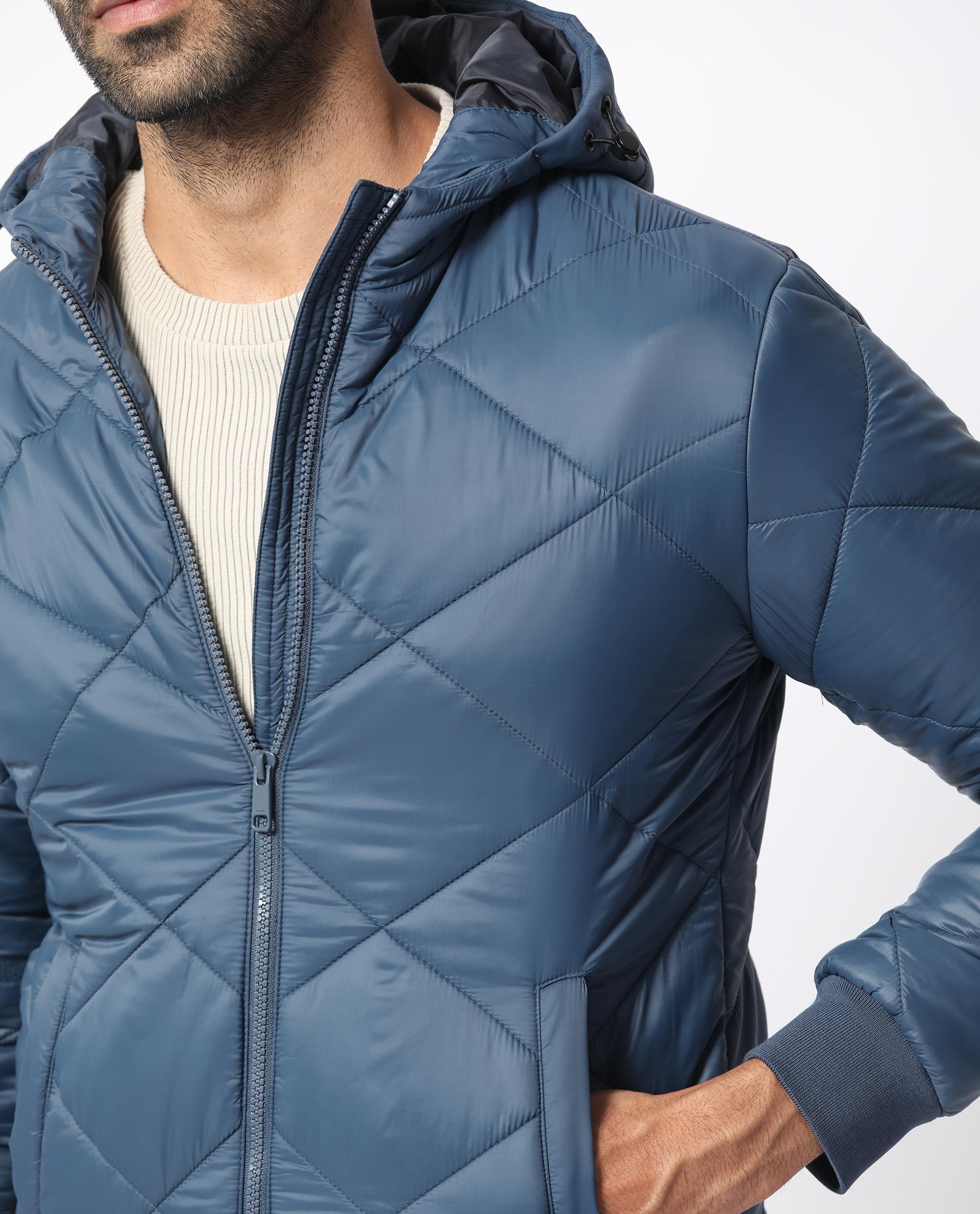 Rare Rabbit Men's Parco Dark Blue Diamond Quilted Hooded Puffer Jacket