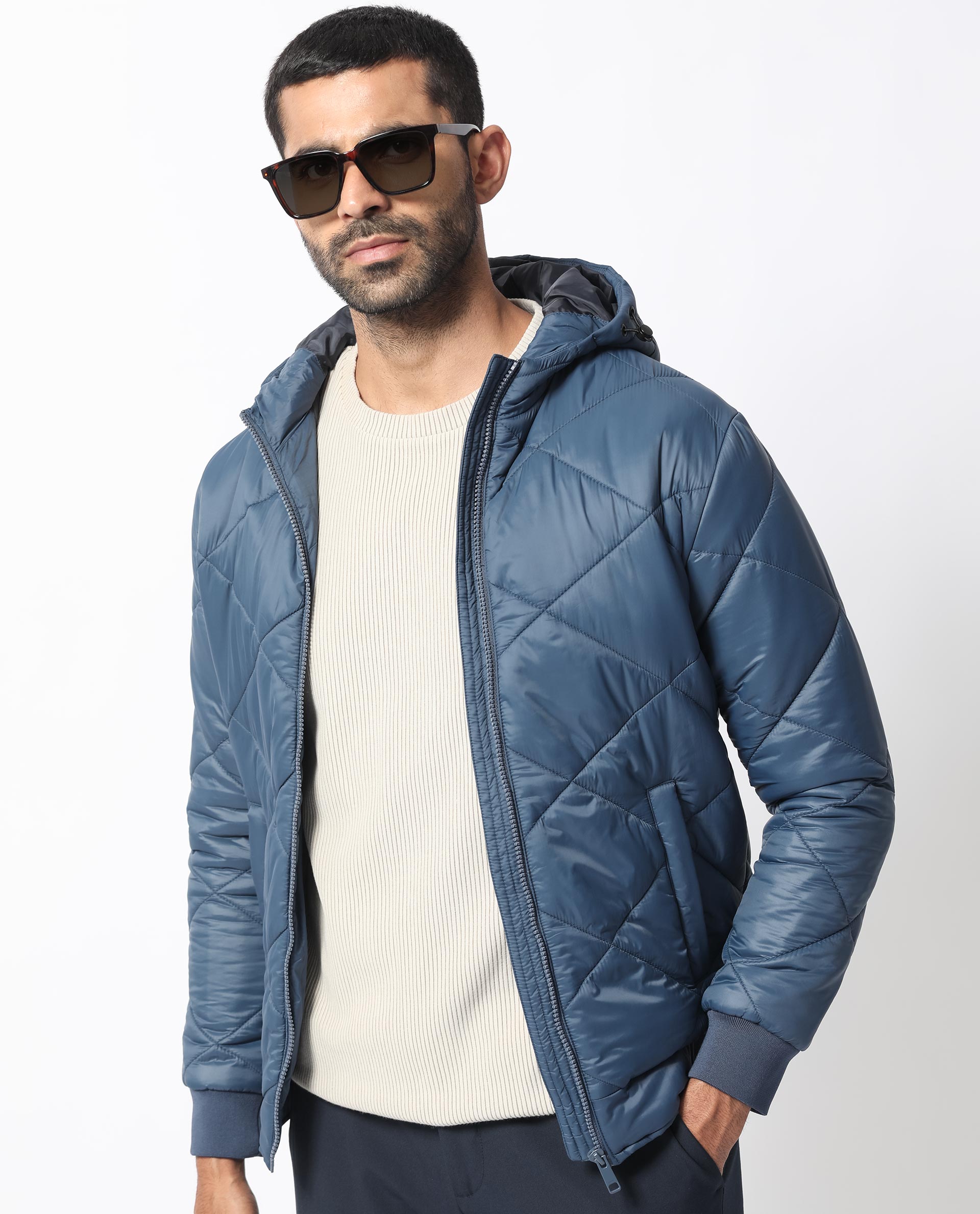 Rare Rabbit Men's Parco Dark Blue Diamond Quilted Hooded Puffer Jacket