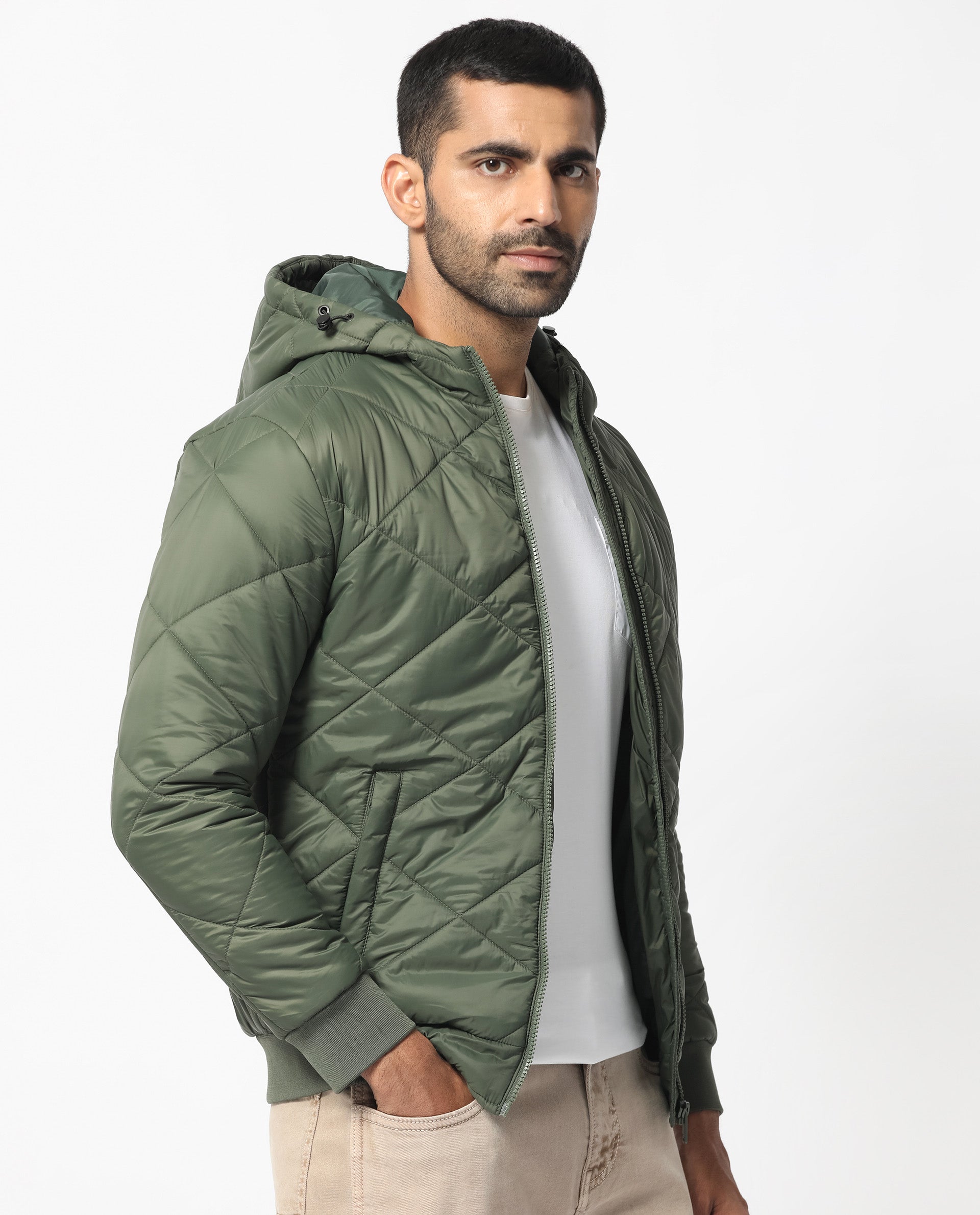 Rare Rabbit Men's Parco Dark Green Diamond Quilted Hooded Puffer Jacket